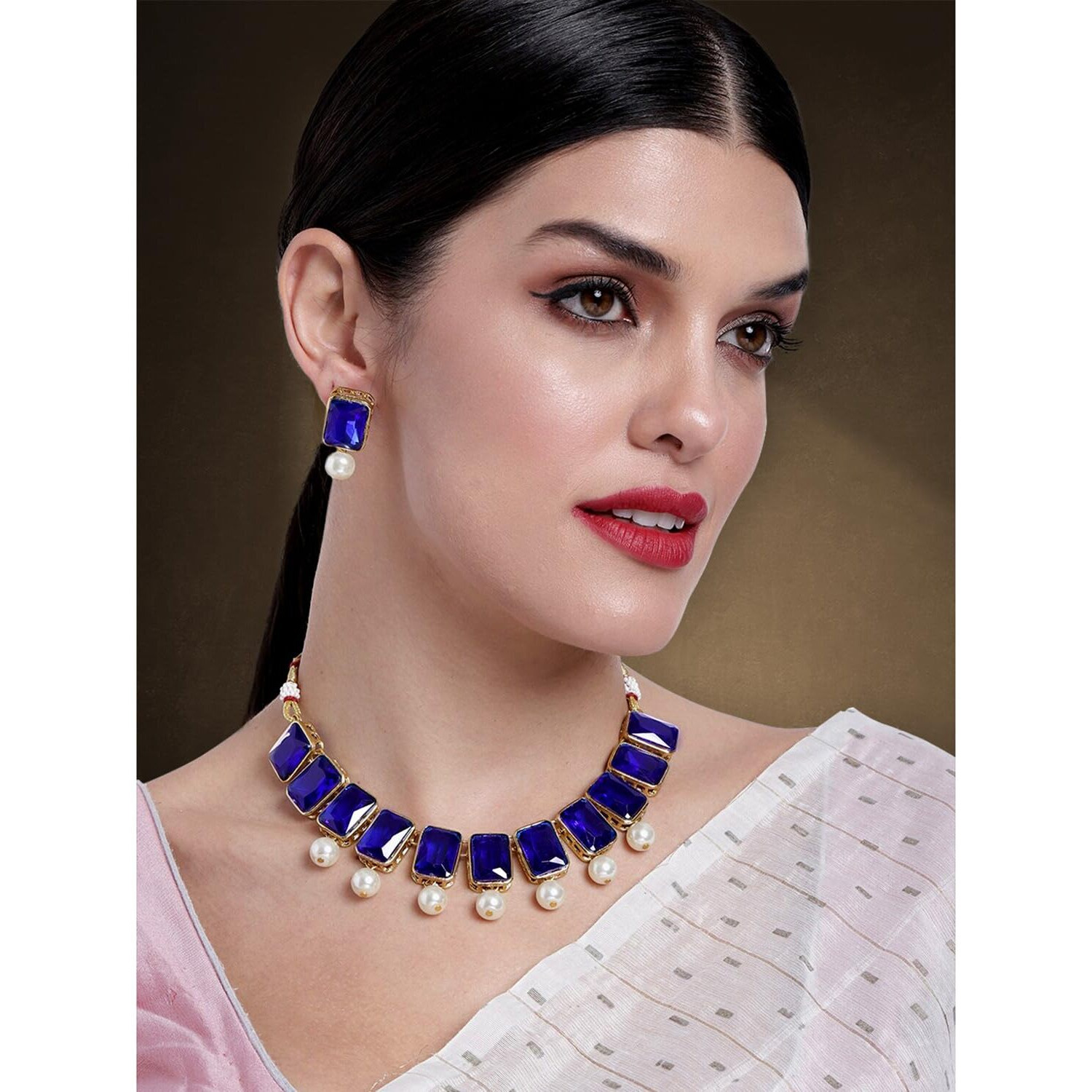 Peora Traditional Jewellery Green Crystal Pearl Necklace Earring Jewellery Set for Women Girls Wedding