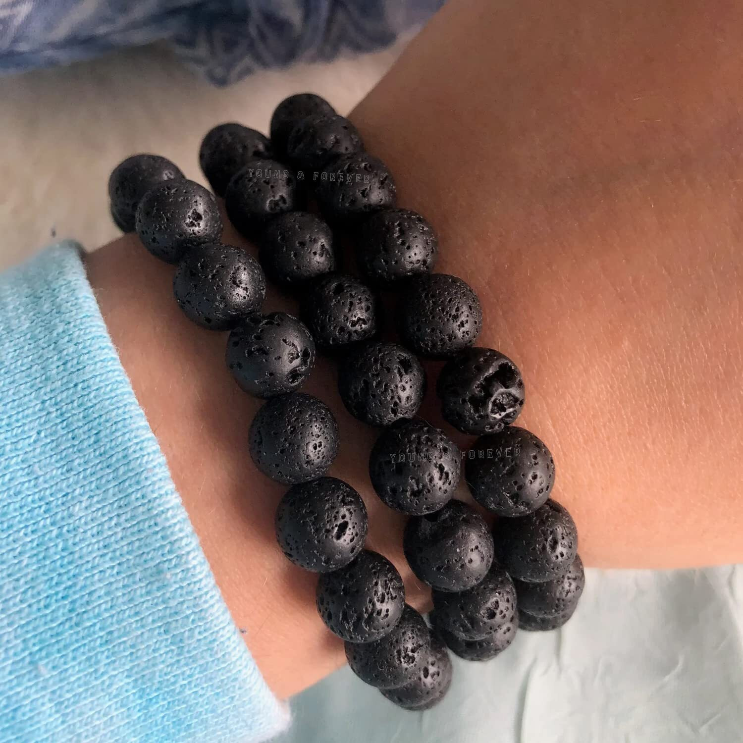 Young & Forever Gift Matching Natural Diffuser Lava Rock Multi Layer Triple Protection Gem Stone Beads Stacked Combo Bracelets for Men and Women