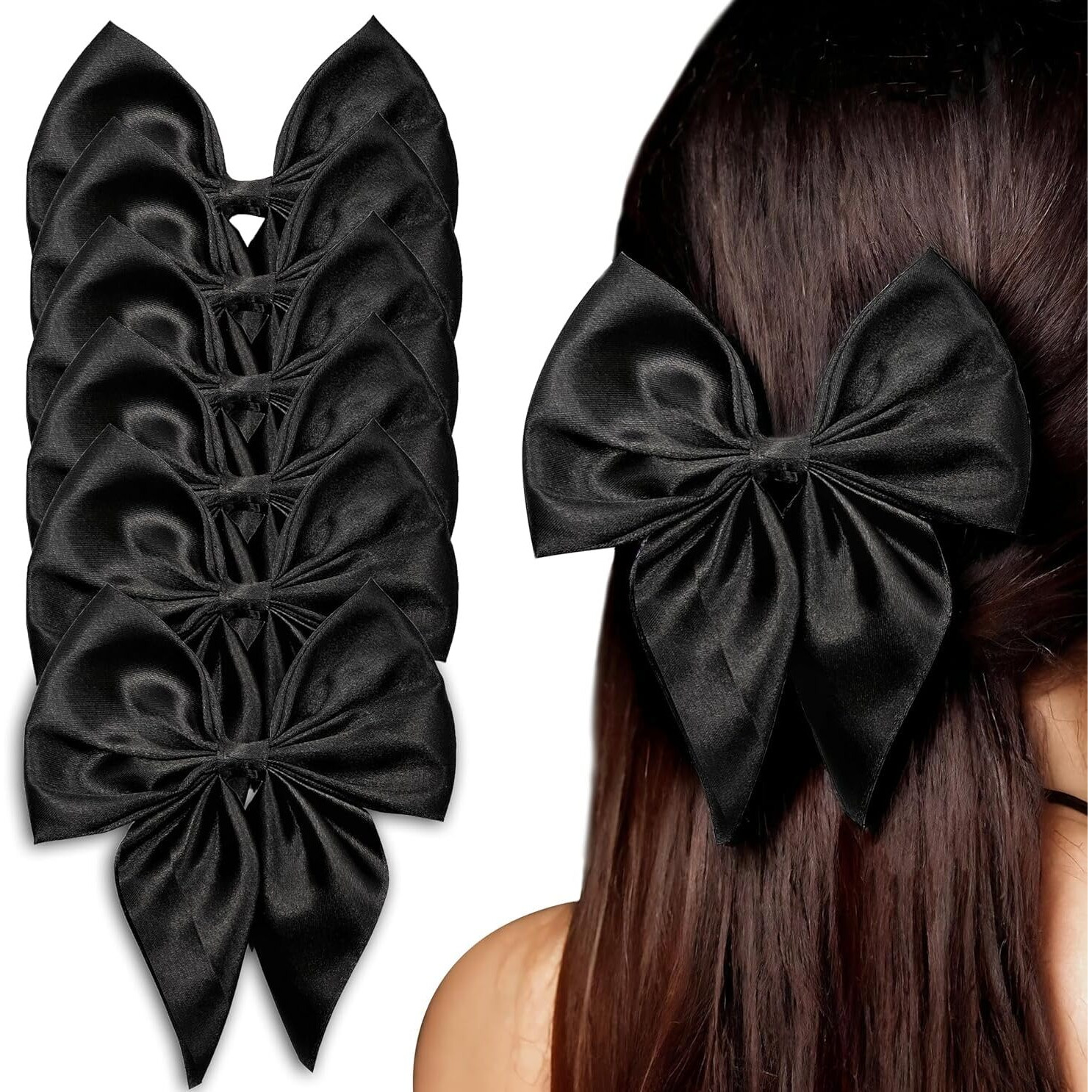 Diversa Korean Stylish Large Colorful Satin Bows Ribbon Hair Clips for Women and Girls, Black, (Pack of 6)