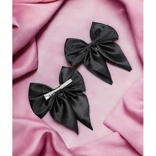 Diversa Korean Stylish Large Colorful Satin Bows Ribbon Hair Clips for Women and Girls, Black, (Pack of 6)