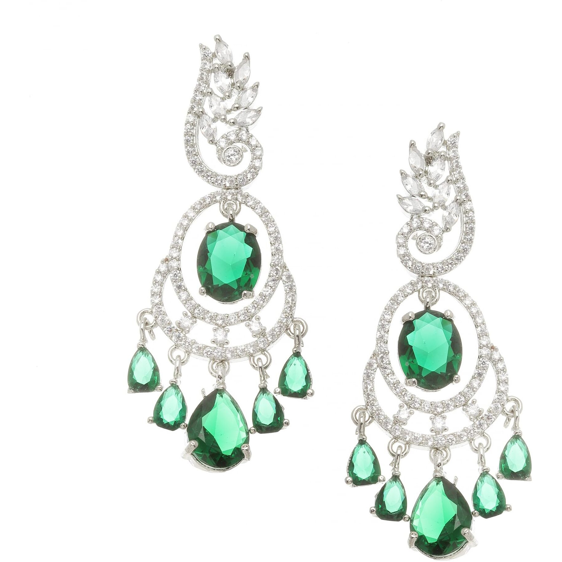 ZENEME Rhodium-Plated American Diamond Studded Oval & Leaf Shaped Drop Earrings For Girls and Women (Green)