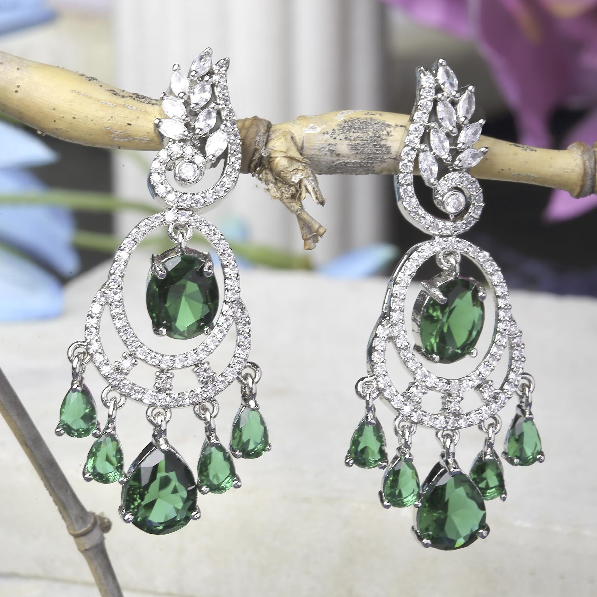 ZENEME Rhodium-Plated American Diamond Studded Oval & Leaf Shaped Drop Earrings For Girls and Women (Green)