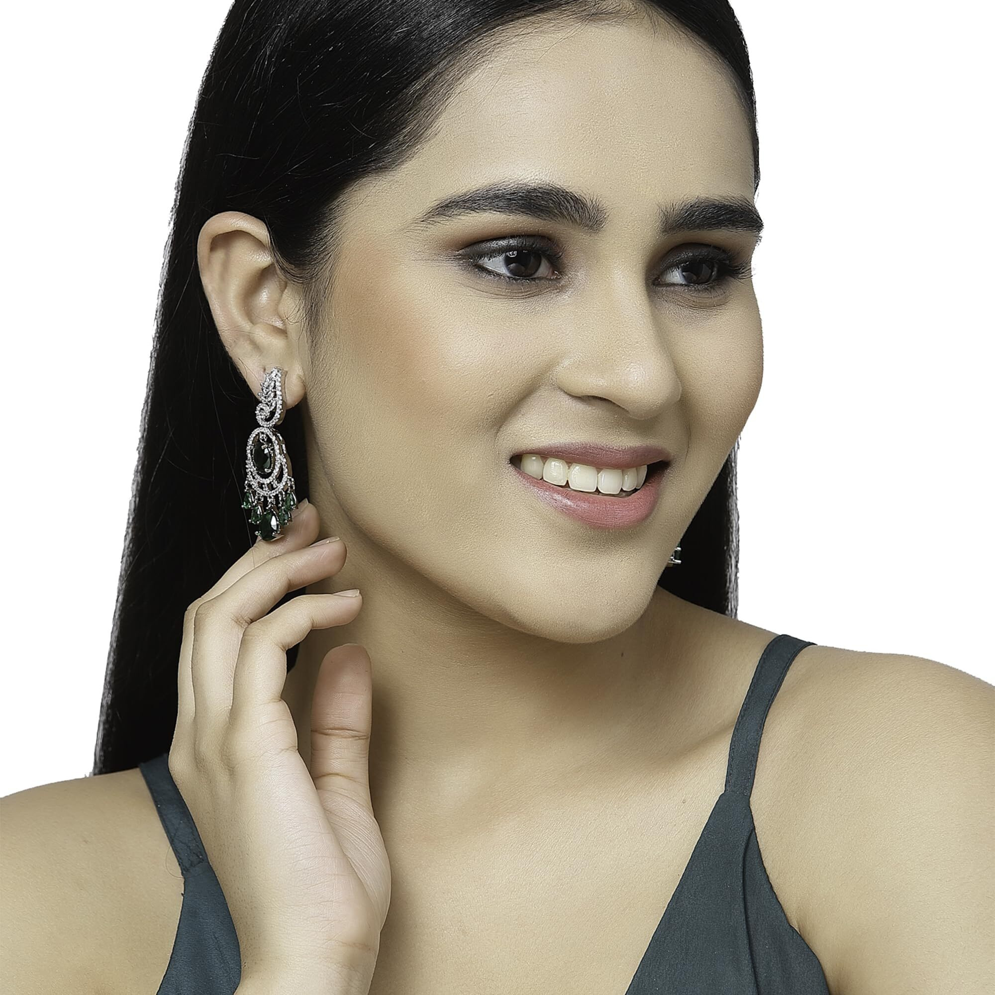 ZENEME Rhodium-Plated American Diamond Studded Oval & Leaf Shaped Drop Earrings For Girls and Women (Green)