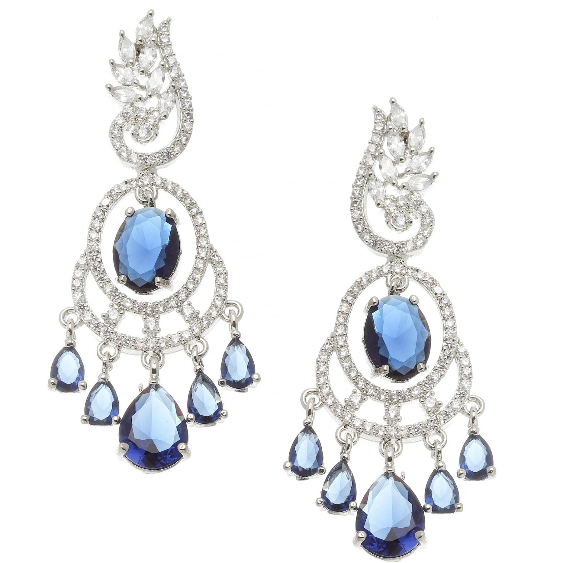 ZENEME Rhodium-Plated American Diamond Studded Oval & Leaf Shaped Drop Earrings For Girls and Women (Navy Blue)