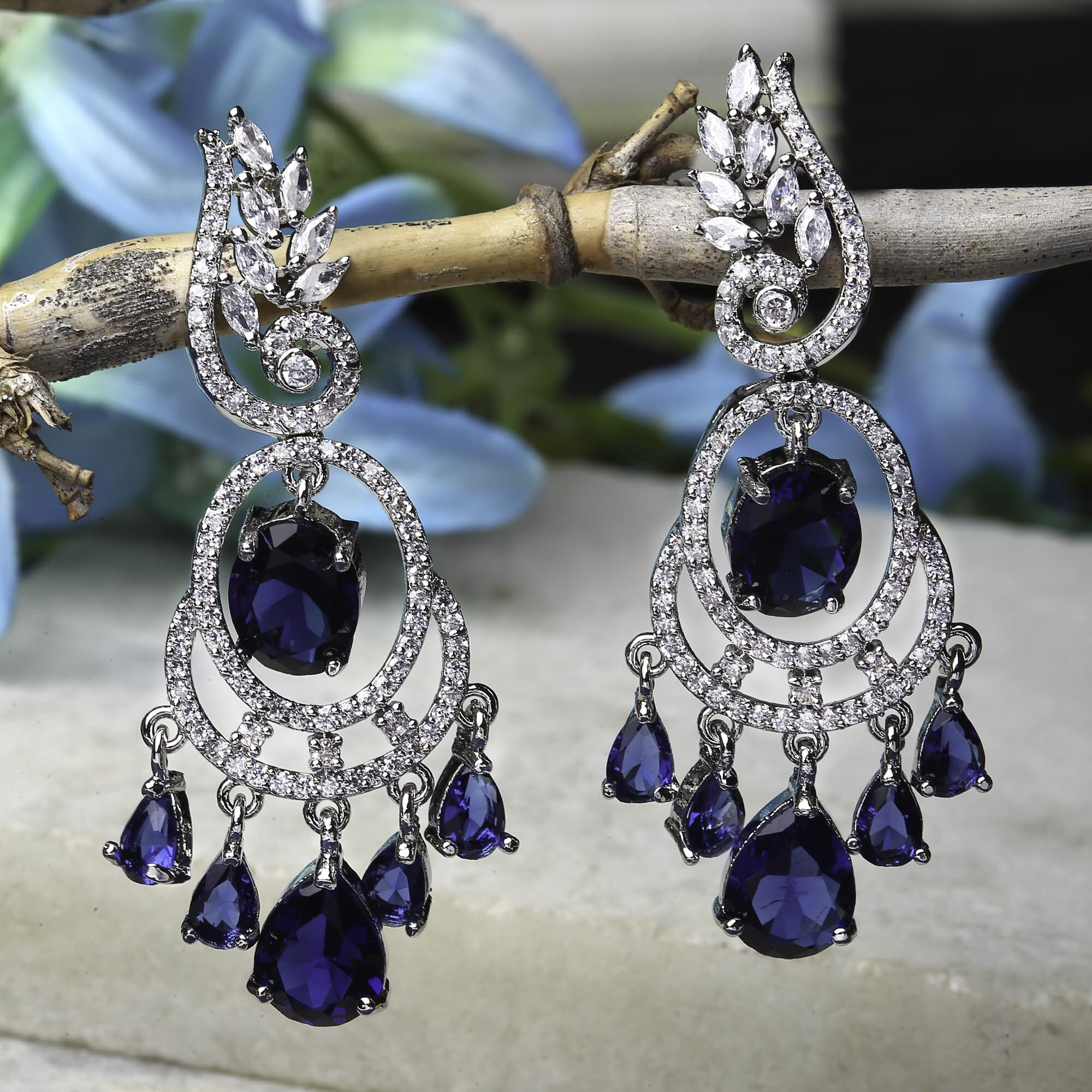ZENEME Rhodium-Plated American Diamond Studded Oval & Leaf Shaped Drop Earrings For Girls and Women (Navy Blue)