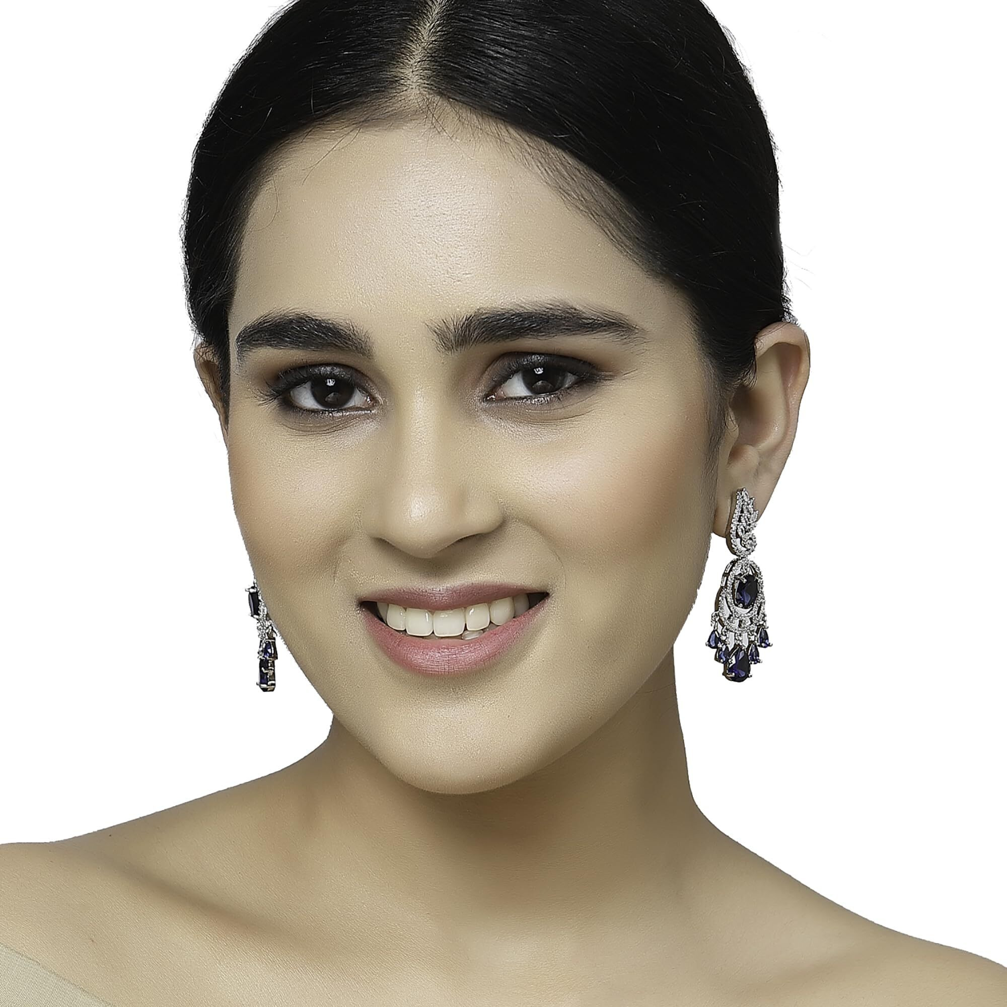 ZENEME Rhodium-Plated American Diamond Studded Oval & Leaf Shaped Drop Earrings For Girls and Women (Navy Blue)