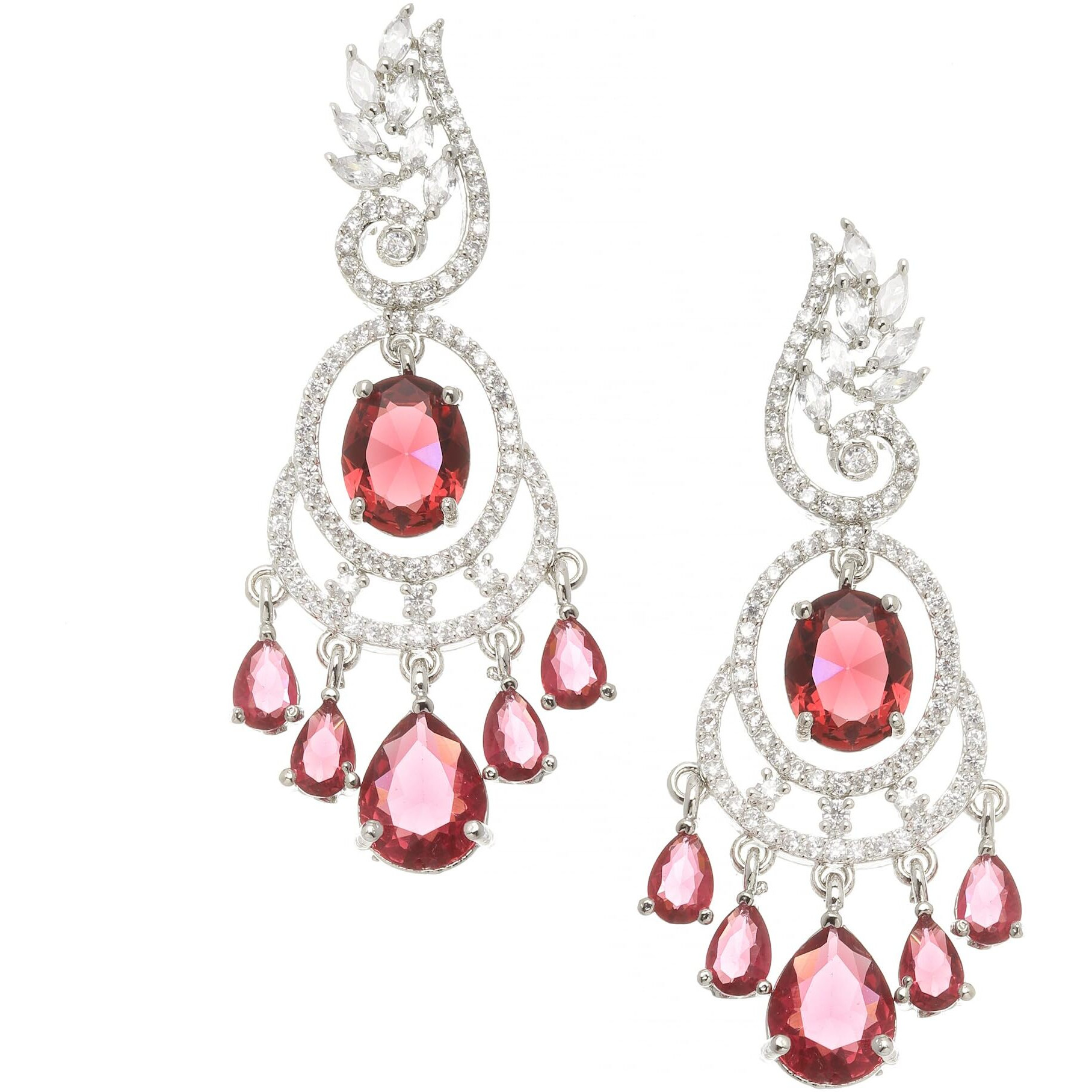 ZENEME Rhodium-Plated American Diamond Studded Oval & Leaf Shaped Drop Earrings For Girls and Women (Red)
