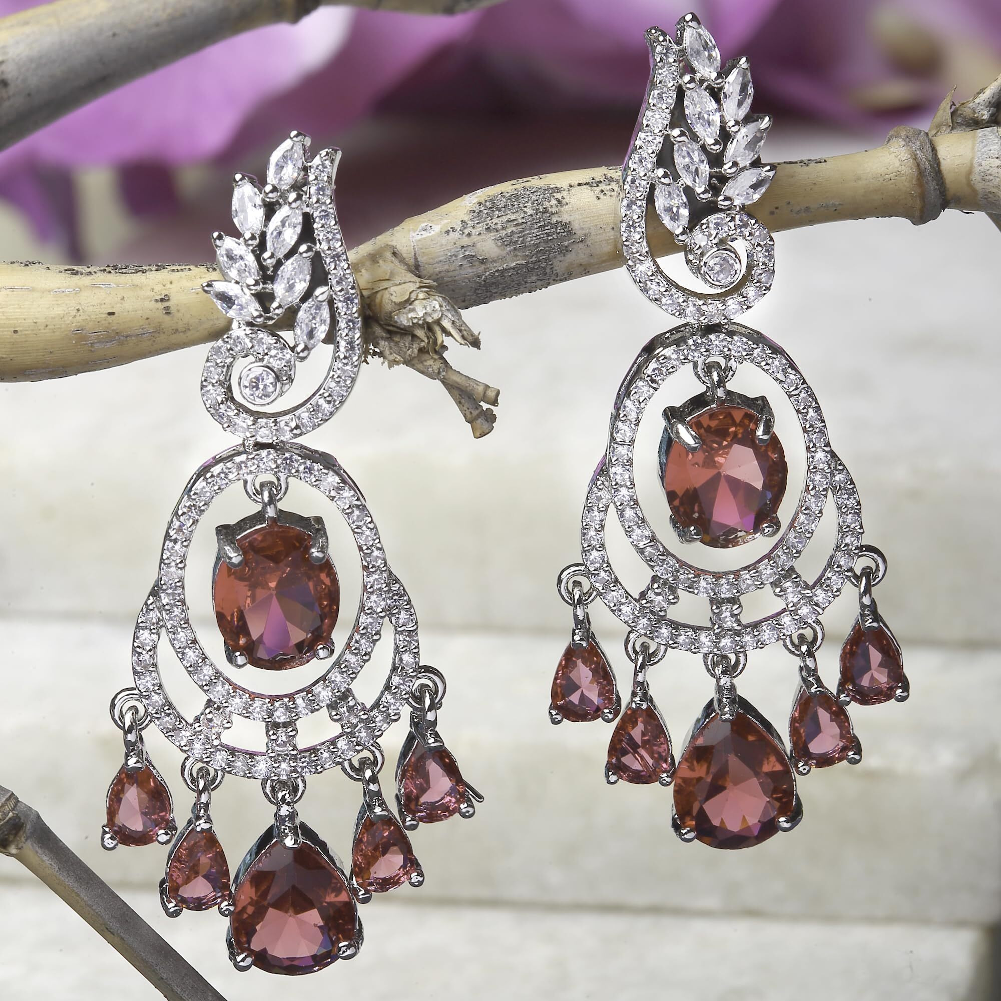 ZENEME Rhodium-Plated American Diamond Studded Oval & Leaf Shaped Drop Earrings For Girls and Women (Red)