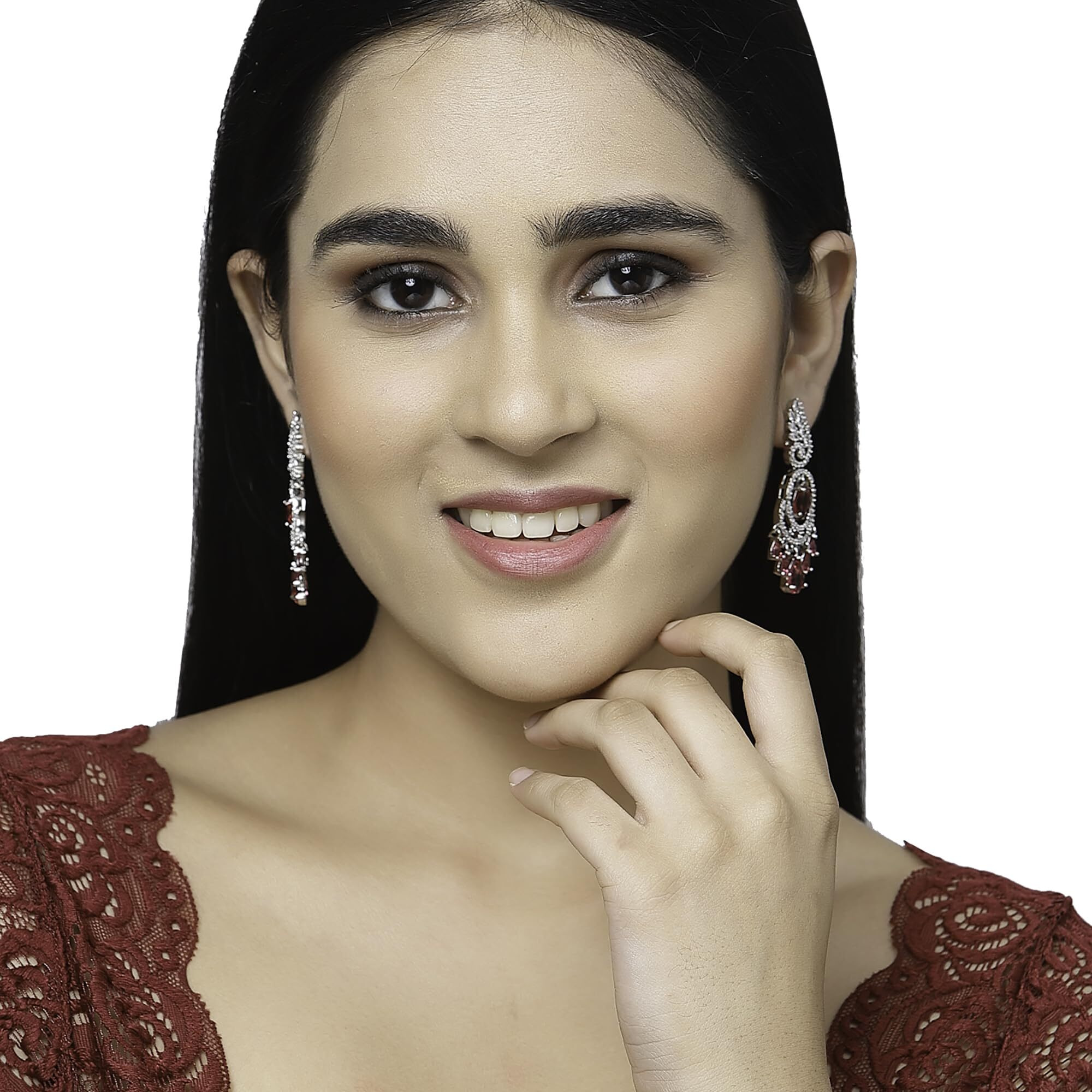 ZENEME Rhodium-Plated American Diamond Studded Oval & Leaf Shaped Drop Earrings For Girls and Women (Red)