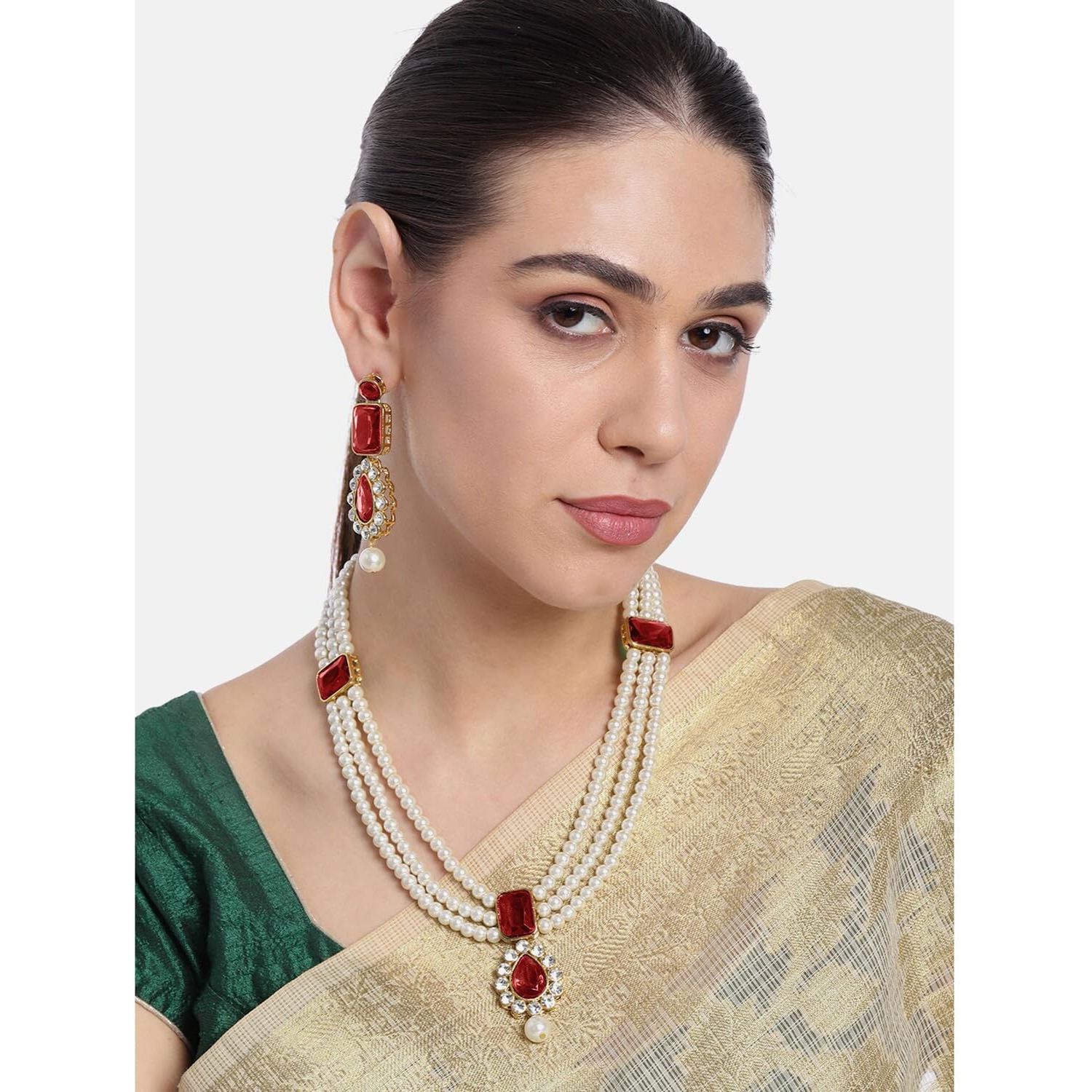 Peora Gold Plated White Kundan Long Necklace Earring Indian Traditional Jewellery Set for Women Girls