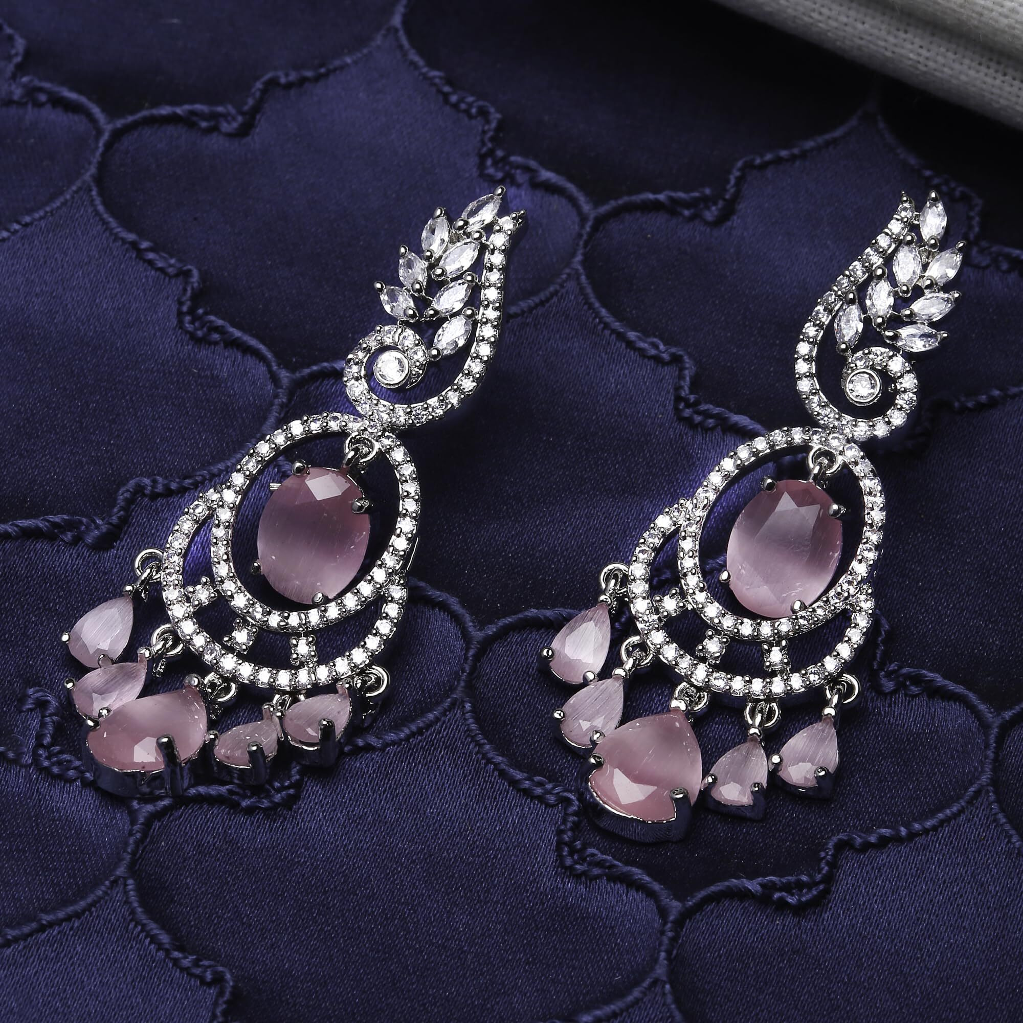 ZENEME Rhodium-Plated American Diamond Studded Oval & Leaf Shaped Drop Earrings For Girls and Women (Pink)