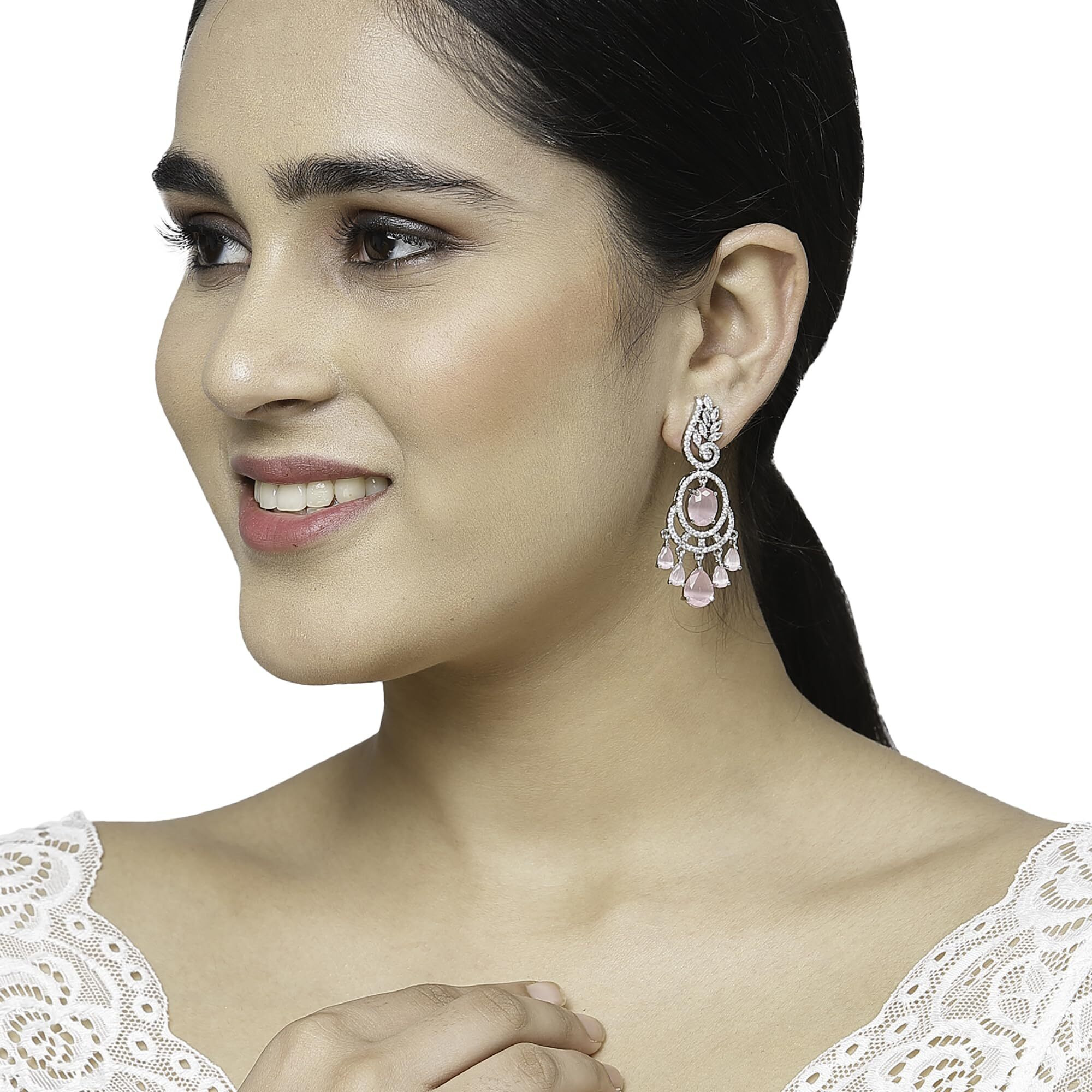 ZENEME Rhodium-Plated American Diamond Studded Oval & Leaf Shaped Drop Earrings For Girls and Women (Pink)