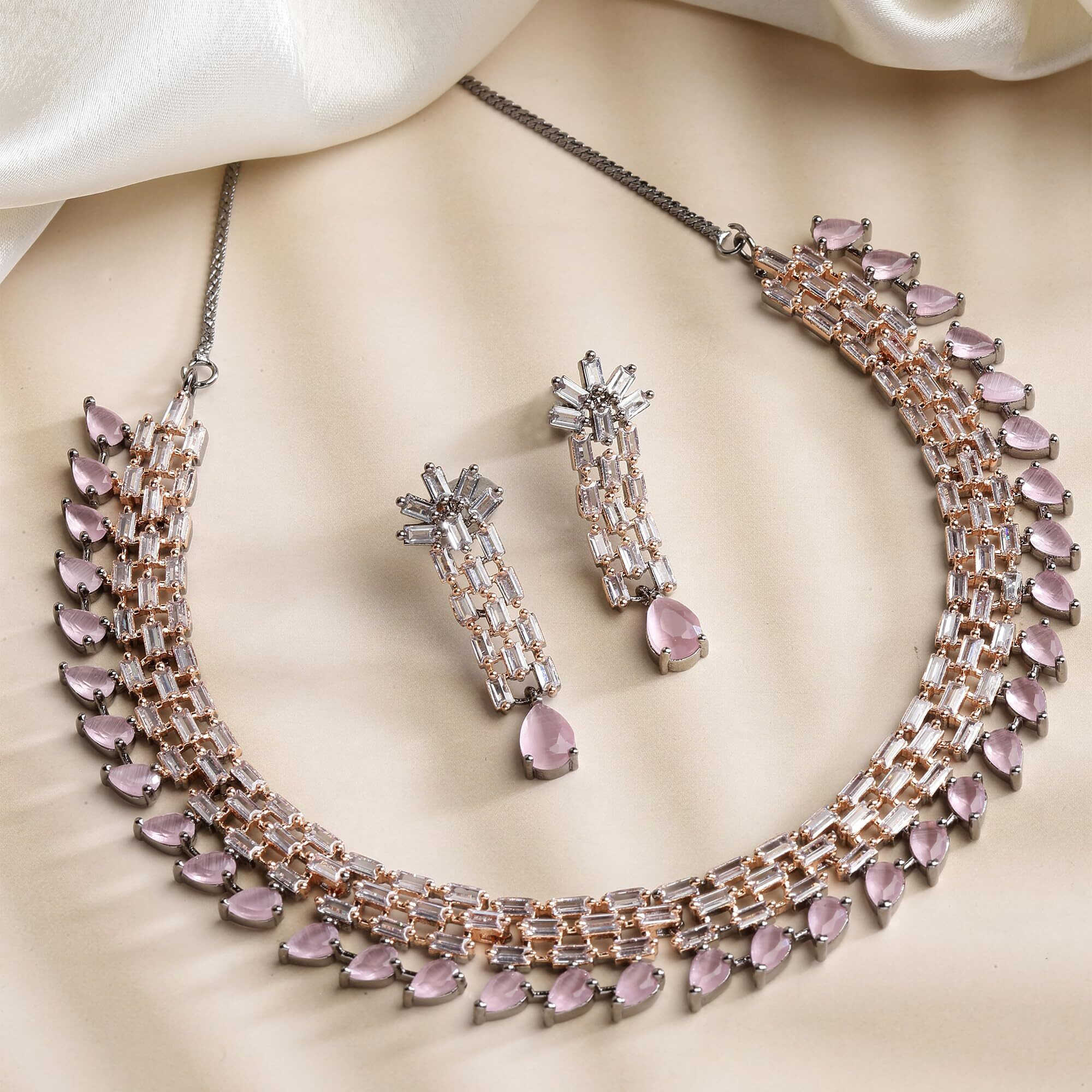 ZENEME Rose Gold-Plated Pink and Rose Black American Diamond Stone-Studded Necklace with Earrings Jewellery Set for Women & Girls (Rose Black Pink)