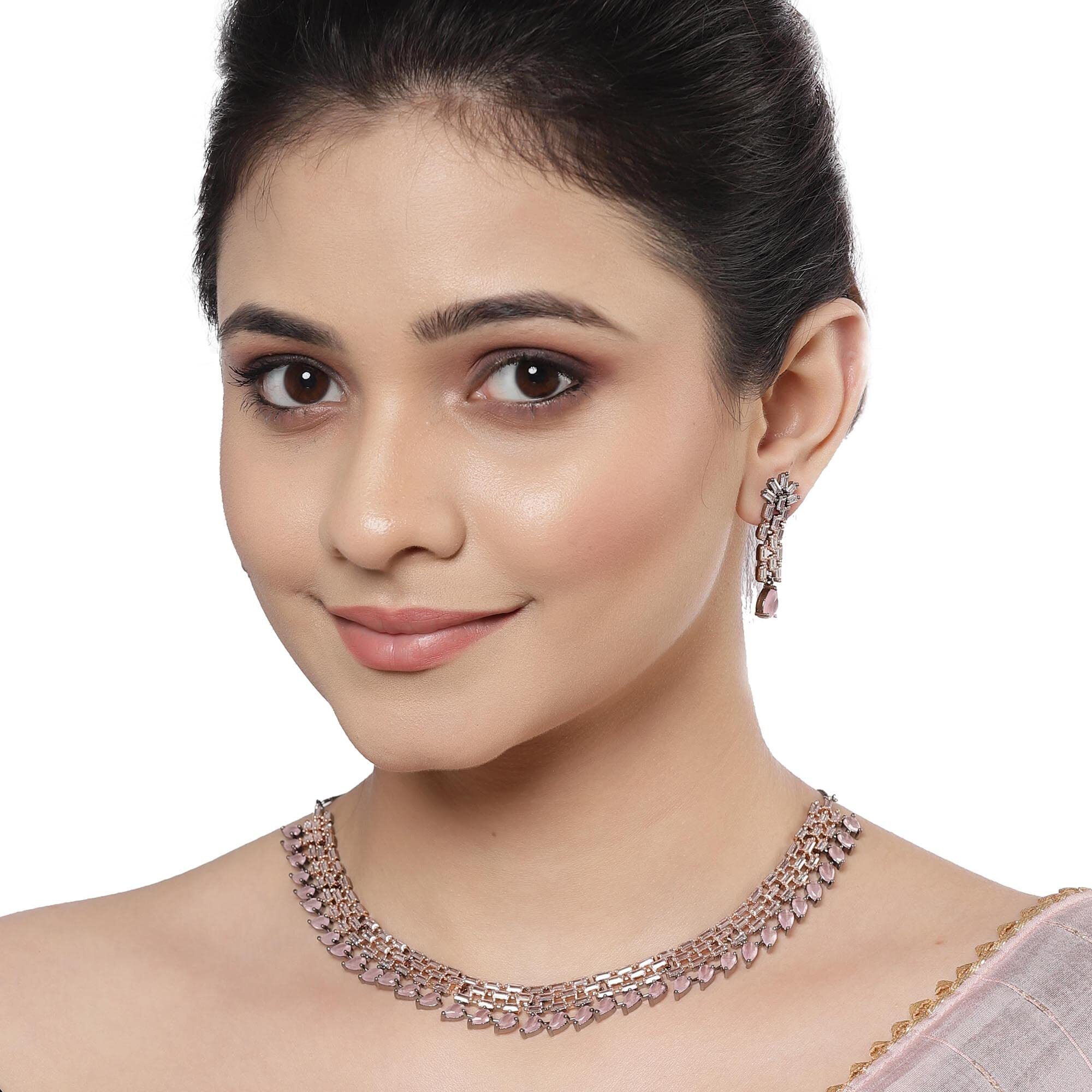 ZENEME Rose Gold-Plated Pink and Rose Black American Diamond Stone-Studded Necklace with Earrings Jewellery Set for Women & Girls (Rose Black Pink)