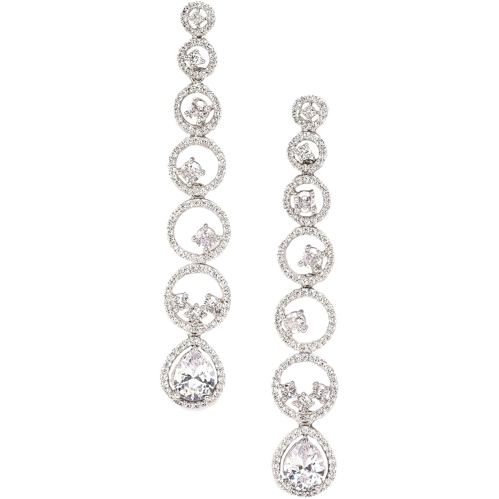 ZENEME Rhodium-Plated American Diamond studded Circular Shaped Drop Earrings For Women & Girls