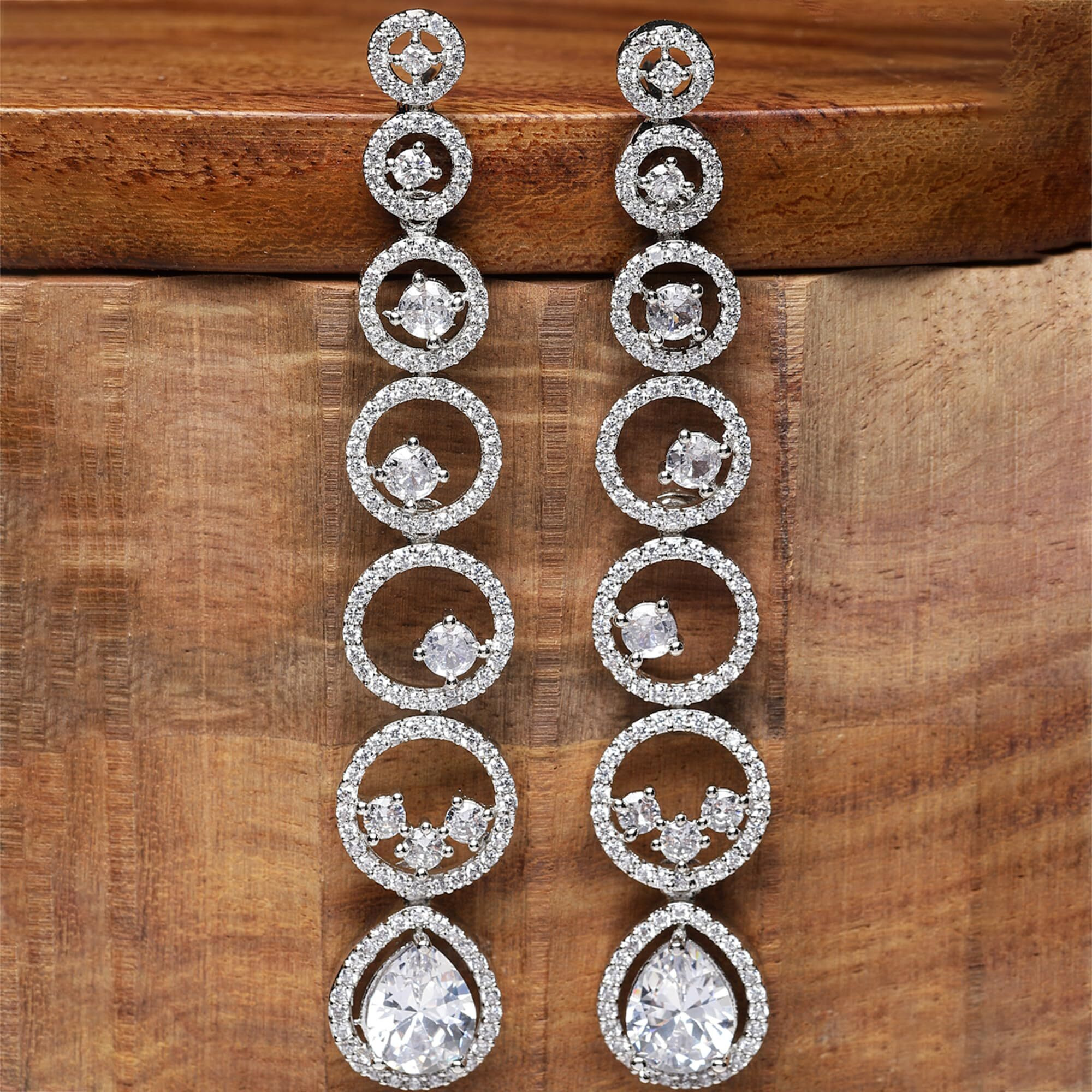ZENEME Rhodium-Plated American Diamond studded Circular Shaped Drop Earrings For Women & Girls