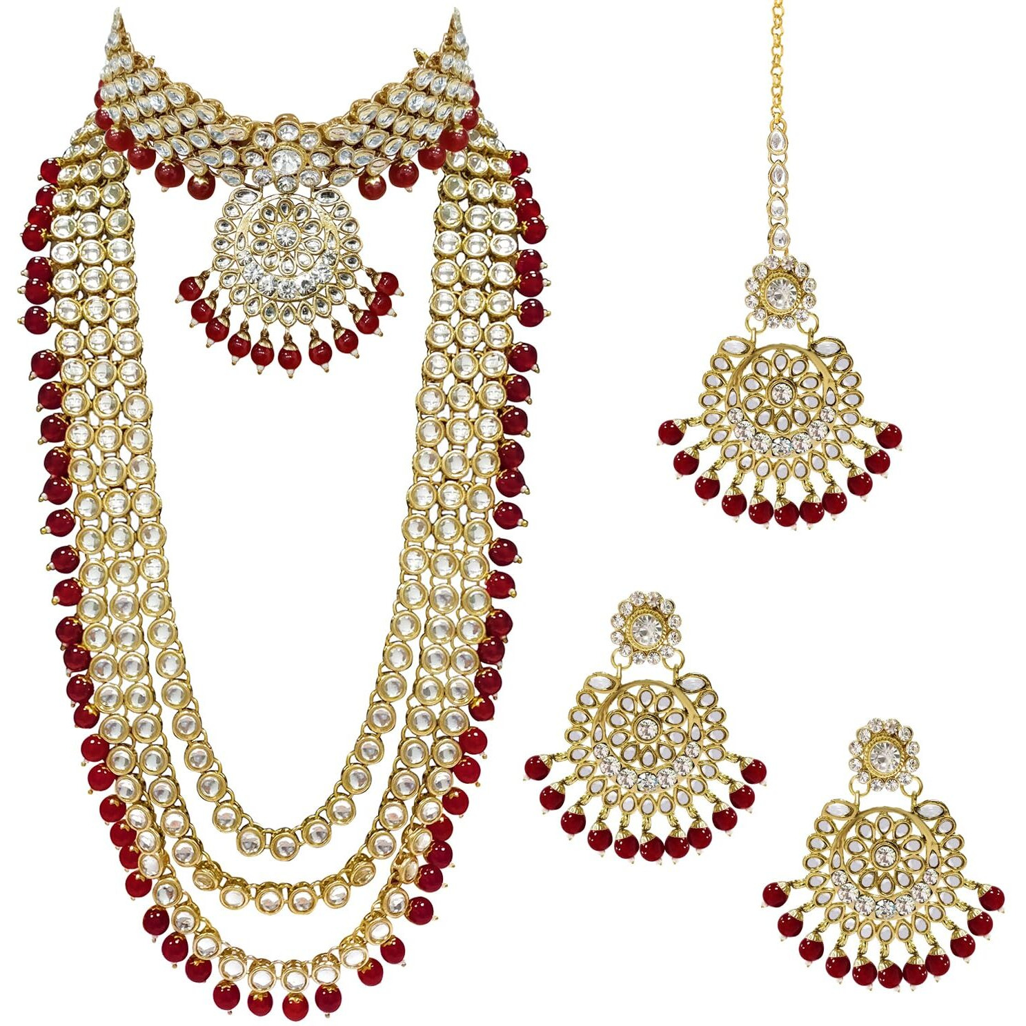Peora Traditional Gold Plated Kundan Bead Wedding Bridal Long Necklace Choker Earrings Maangtikka Jewellery Set for Women Girls (Maroon)