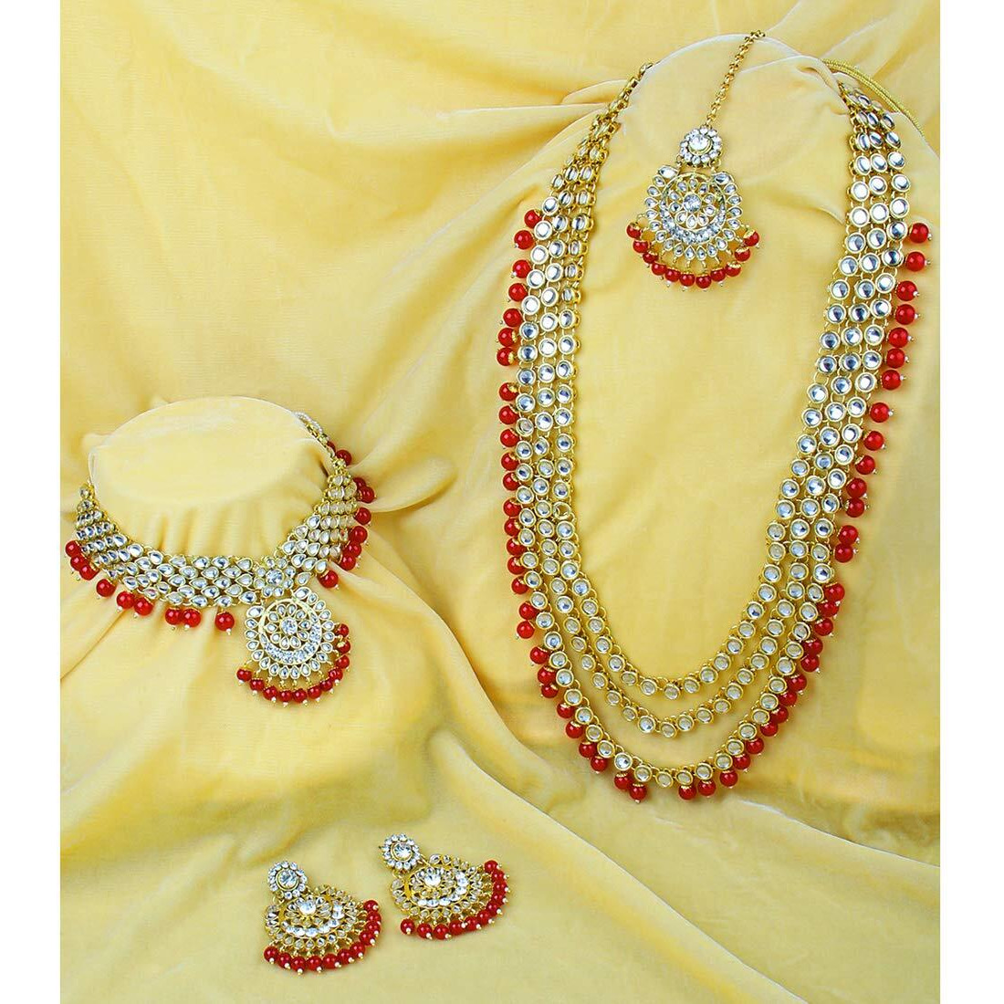Peora Traditional Gold Plated Kundan Bead Wedding Bridal Long Necklace Choker Earrings Maangtikka Jewellery Set for Women Girls (Maroon)