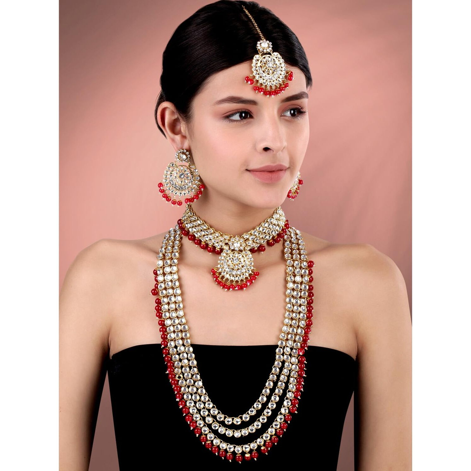 Peora Traditional Gold Plated Kundan Bead Wedding Bridal Long Necklace Choker Earrings Maangtikka Jewellery Set for Women Girls (Maroon)