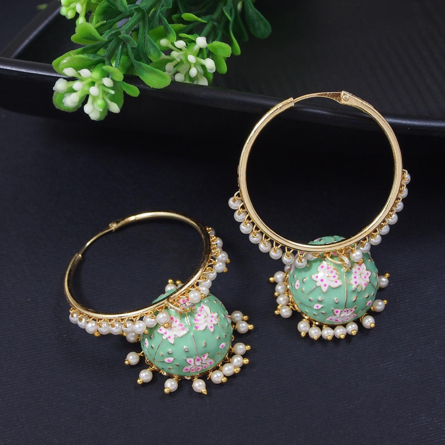 I Jewels 18K Gold Plated Traditional Handcrafted Enamelled Jhumki Hoop Earrings for Women/Girls (E2915Min)