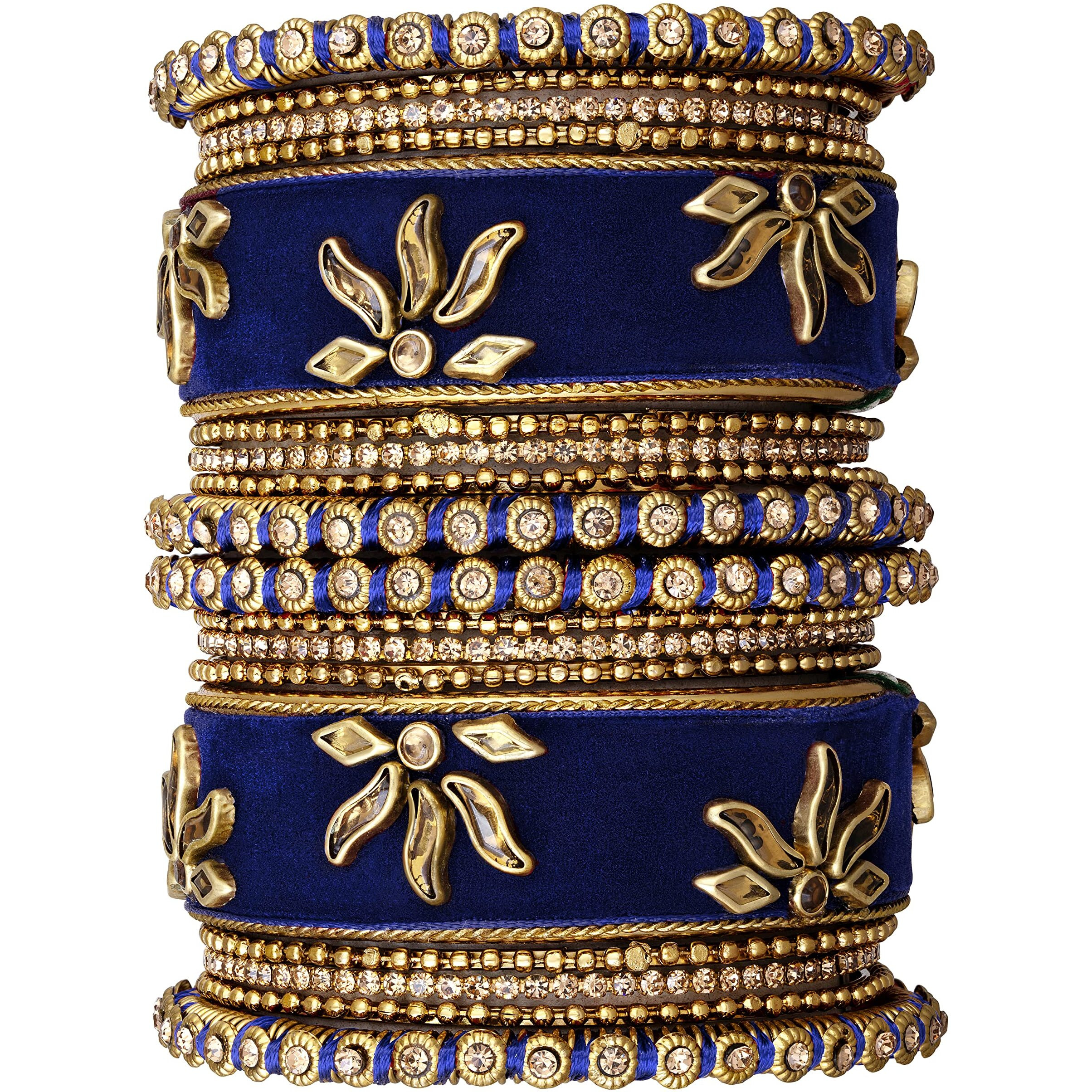 Peora Gold Plated Blue Velvet Silk Thread Chuda Chura Bangle Set Jewellery for Women Girls (Size - 2.6)