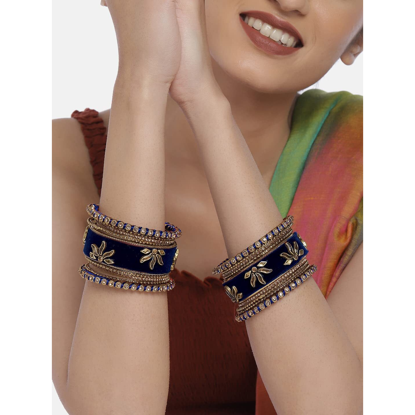 Peora Gold Plated Blue Velvet Silk Thread Chuda Chura Bangle Set Jewellery for Women Girls (Size - 2.6)