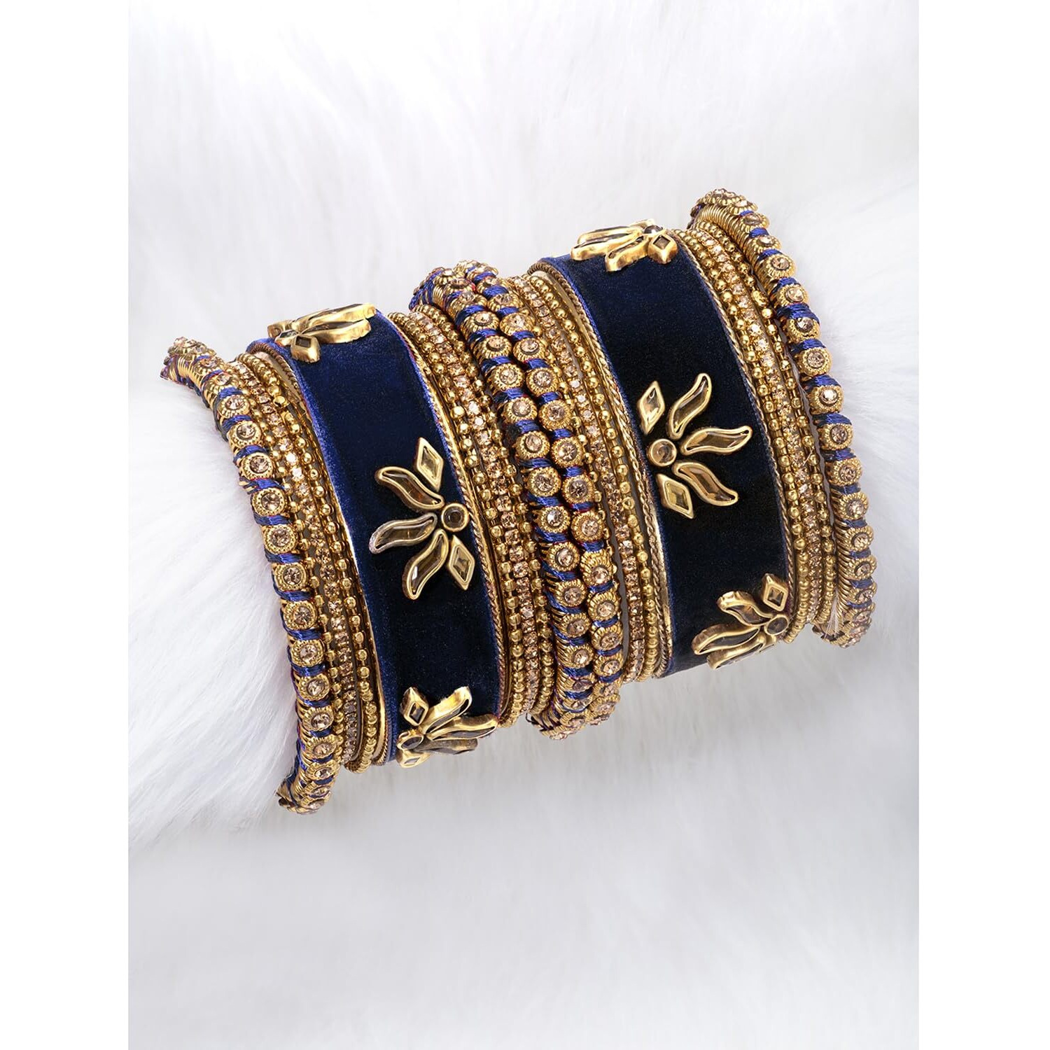 Peora Gold Plated Blue Velvet Silk Thread Chuda Chura Bangle Set Jewellery for Women Girls (Size - 2.6)