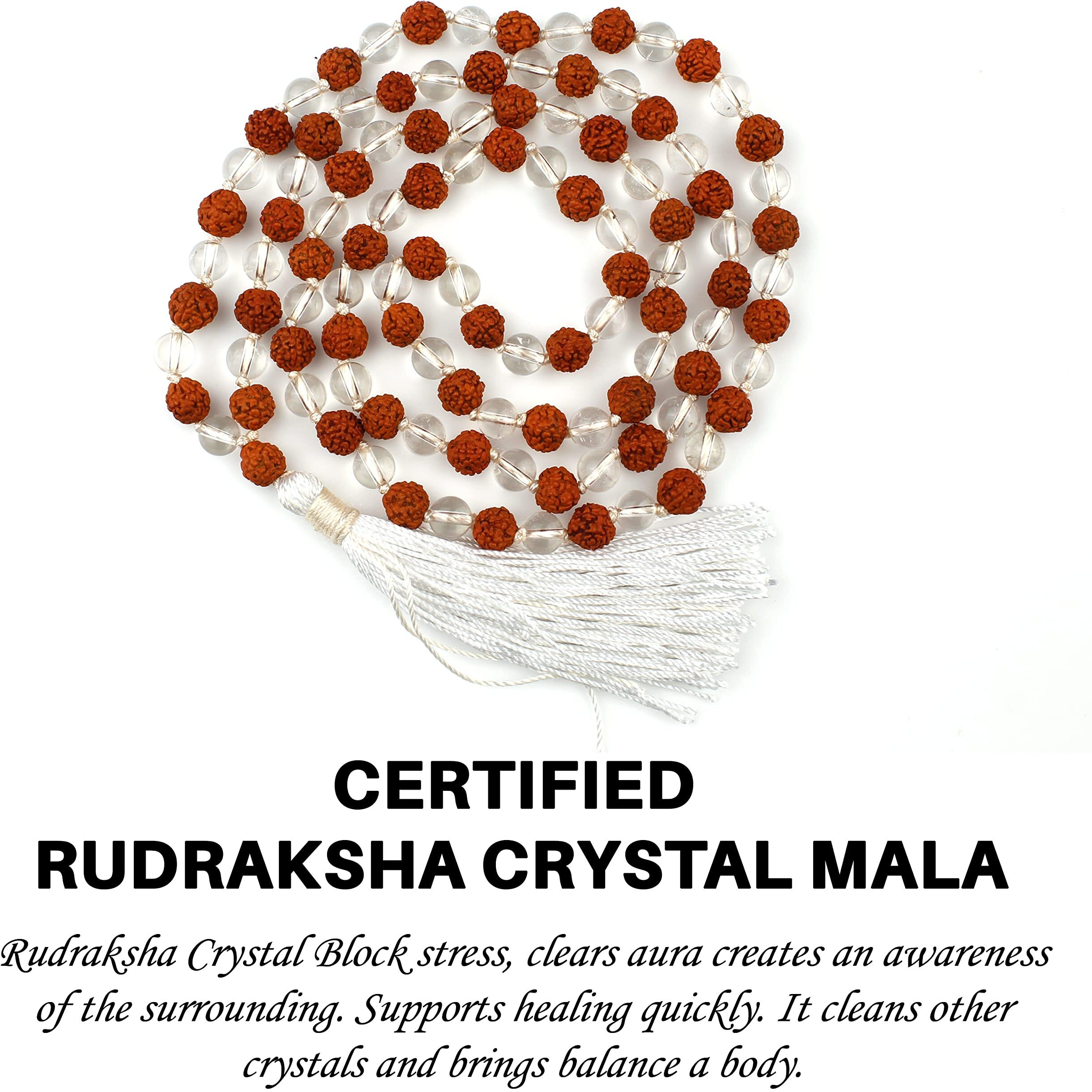 Remedywala Certified Natural Crystal Rudraksha Crystal. mala Natural Crystal Stone 6 mm 108 Beads Jap Mala for Meditation, Pooja, Chanting, Wearing/Rudraksha Crystal. mala 108 beads original