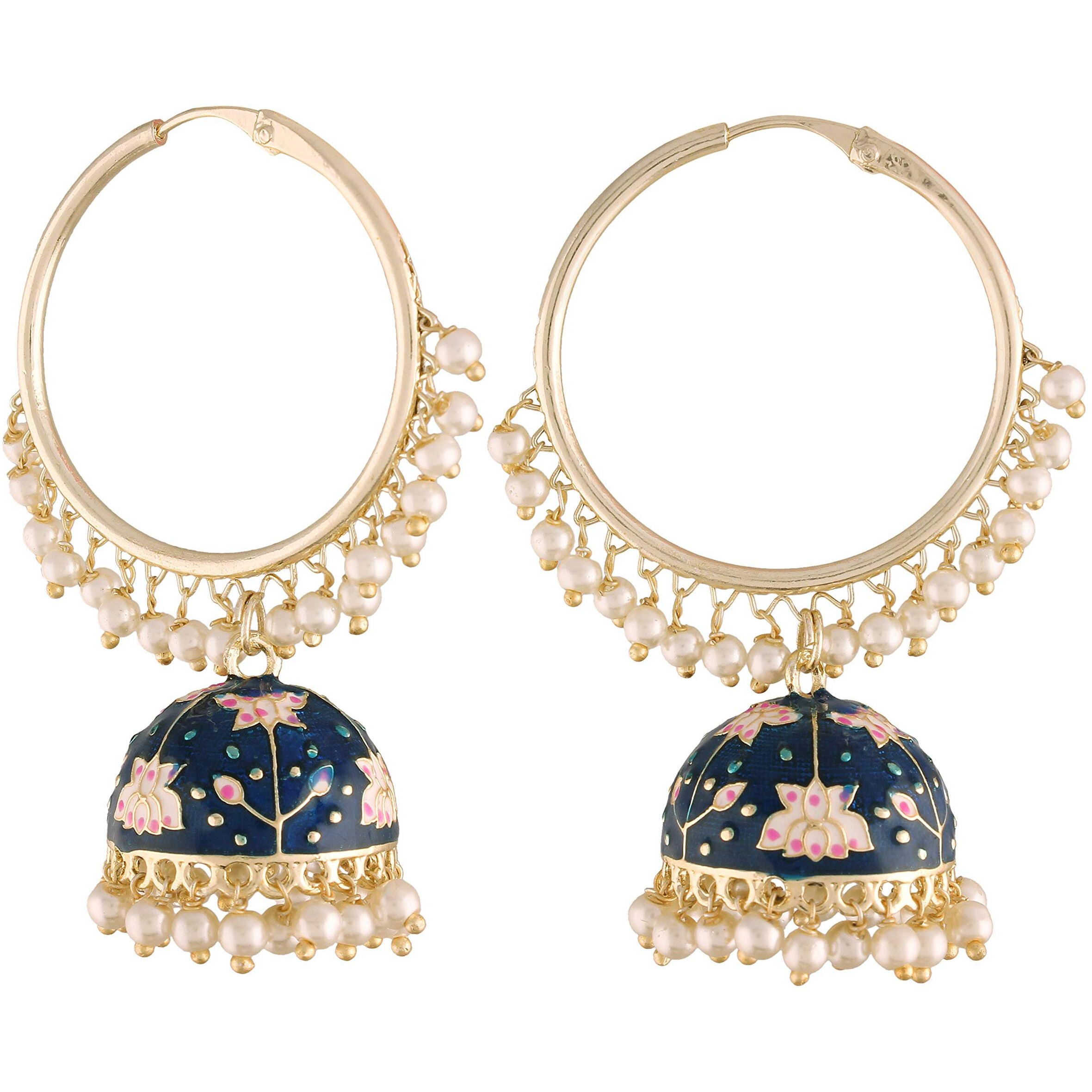 I Jewels 18K Gold Plated Traditional Handcrafted Enamelled Jhumki Hoop Earrings for Women/Girls (E2915Bl)