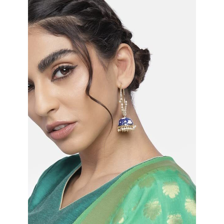 I Jewels 18K Gold Plated Traditional Handcrafted Enamelled Jhumki Hoop Earrings for Women/Girls (E2915Bl)