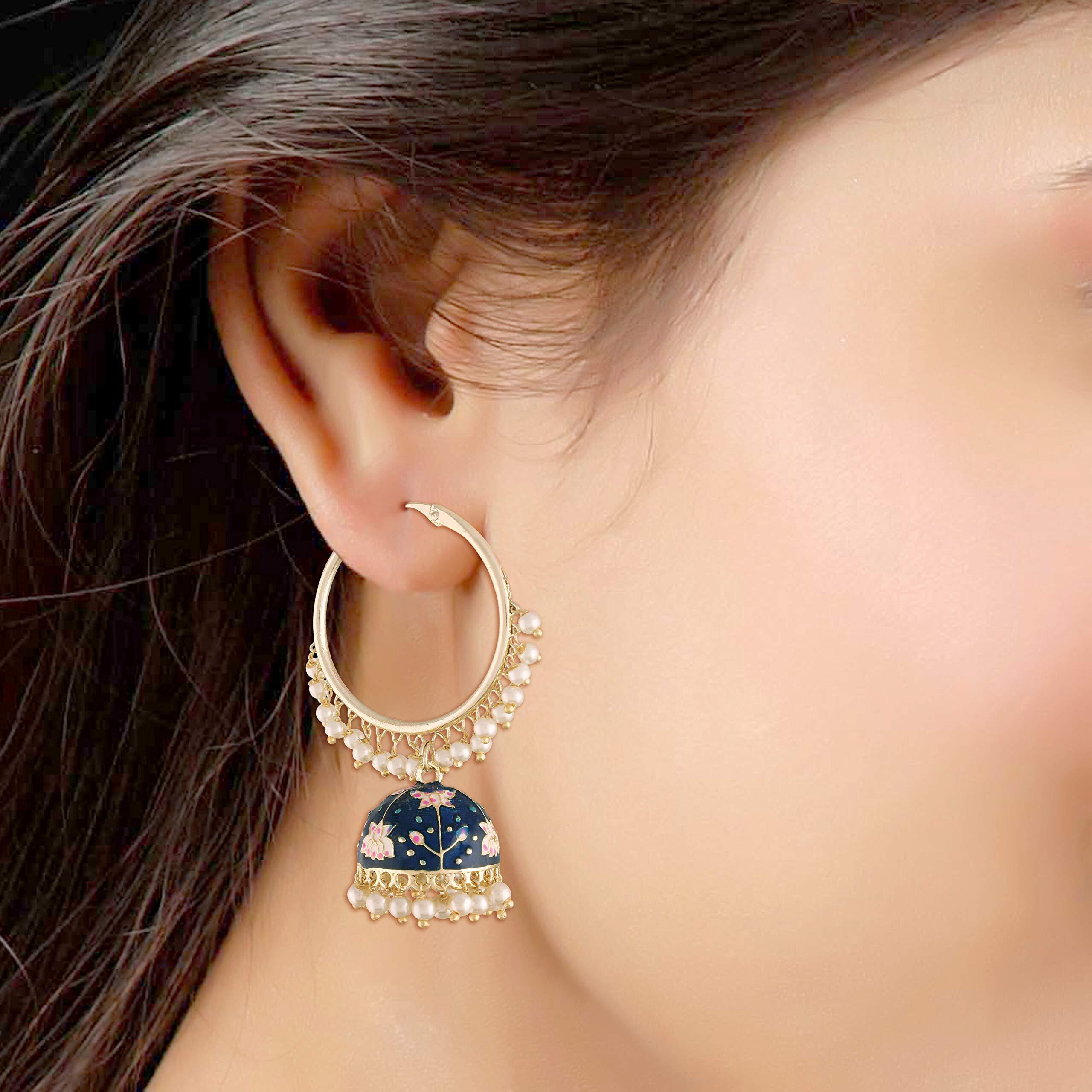 I Jewels 18K Gold Plated Traditional Handcrafted Enamelled Jhumki Hoop Earrings for Women/Girls (E2915Bl)