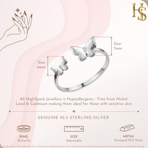 HighSpark 925 Silver Solitaire Rings for Women | Adjustable Contemporary Style | 92.5 Sterling Silver & Diamond Like Brilliance Sparkling Zirconia | Lovely Gift - Butterfly