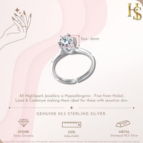 HighSpark 925 Silver Solitaire Rings for Women | Adjustable Contemporary Style | 92.5 Sterling Silver & Diamond Like Brilliance Sparkling Zirconia | Lovely Gift - Martini