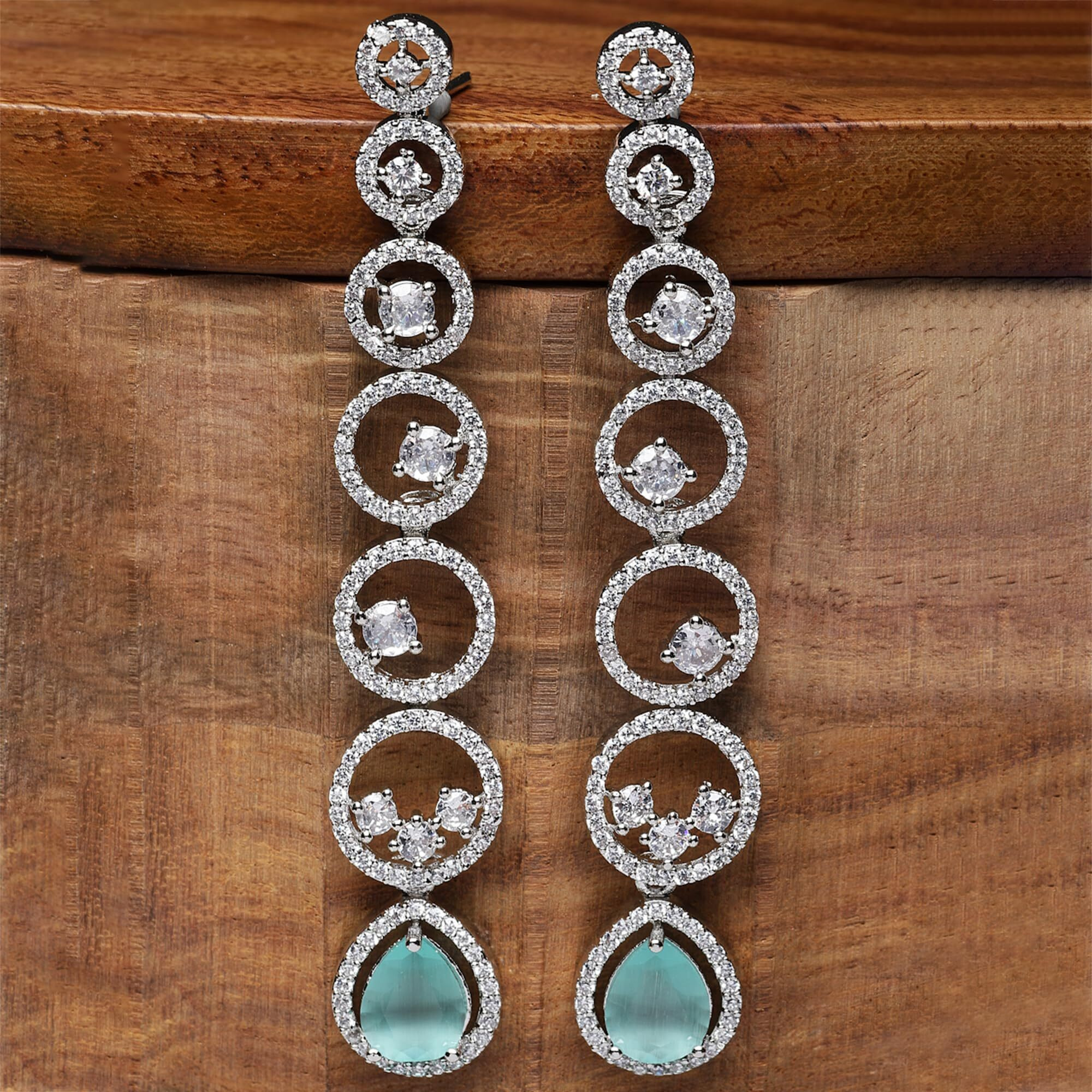 ZENEME Rhodium-Plated American Diamond studded Circular Shaped Drop Earrings For Women & Girls