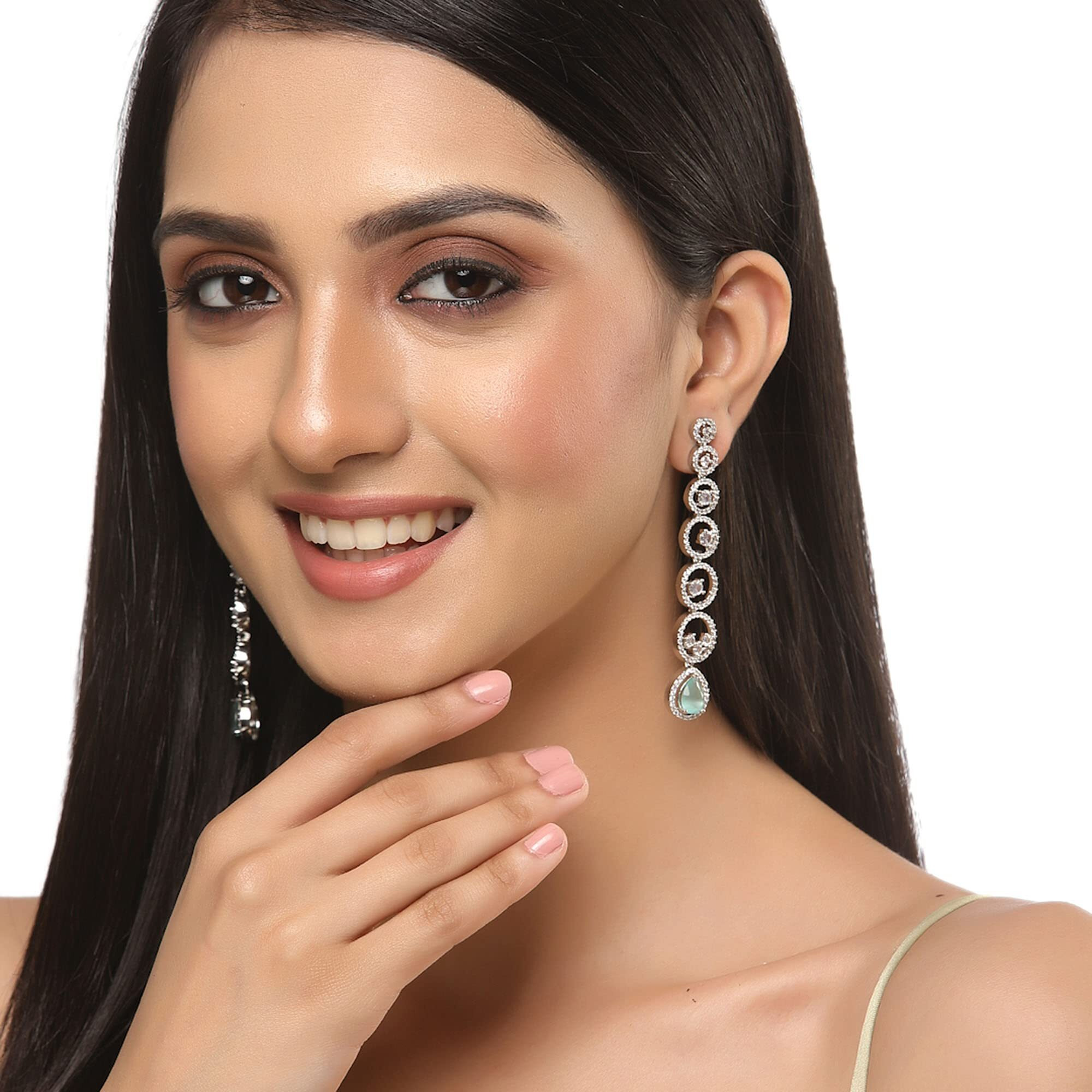 ZENEME Rhodium-Plated American Diamond studded Circular Shaped Drop Earrings For Women & Girls