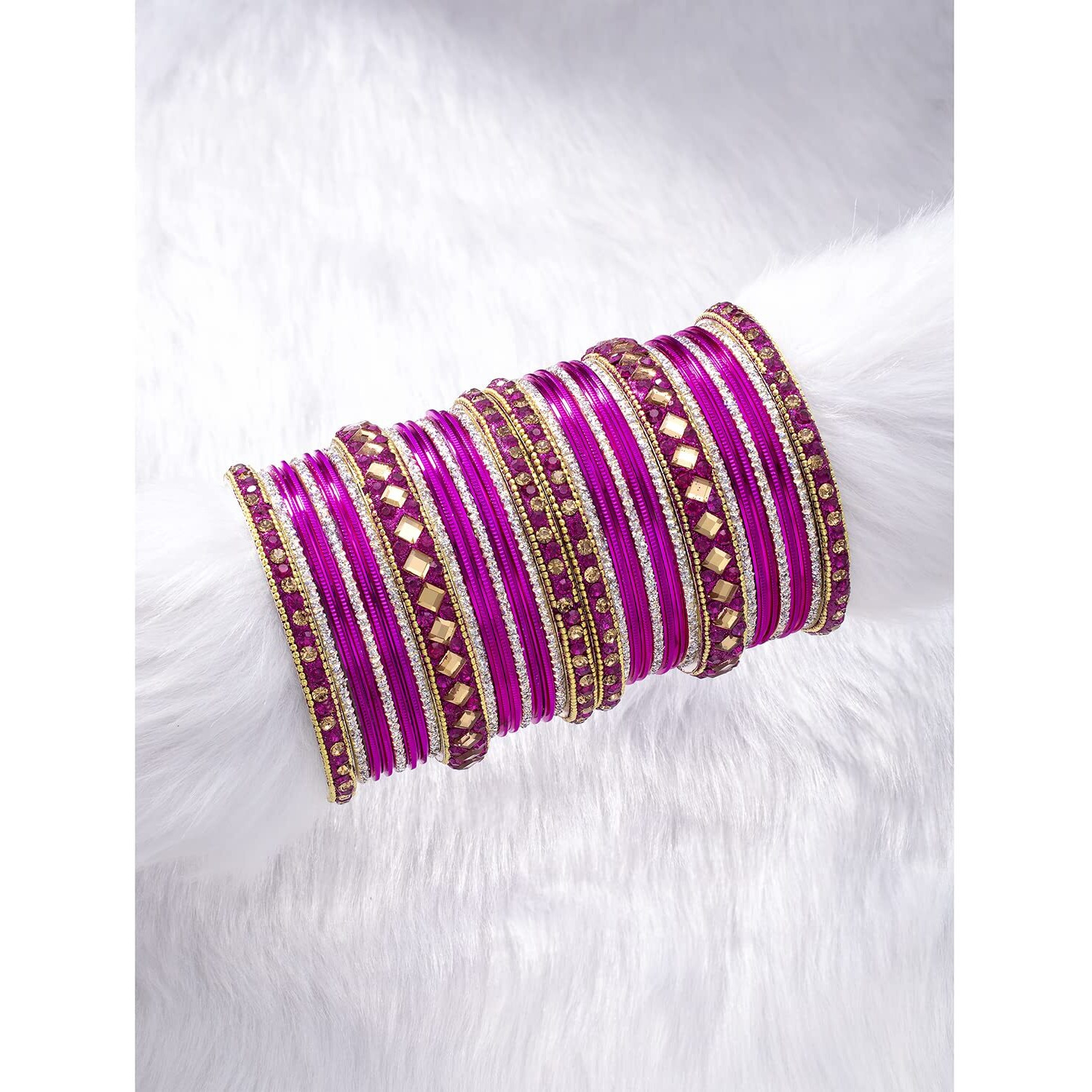Peora Gold Plated Rani Pink Diamond Metal Chuda Chura Bangle Set Indian Traditional Bridal Wedding Fashion Jewellery for Women Girls (Size - 2.6)