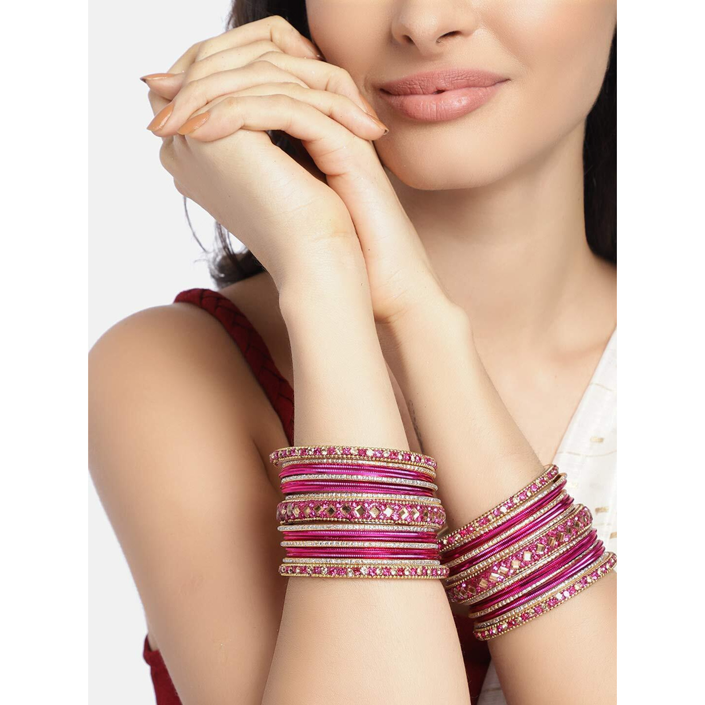 Peora Gold Plated Rani Pink Diamond Metal Chuda Chura Bangle Set Indian Traditional Bridal Wedding Fashion Jewellery for Women Girls (Size - 2.6)