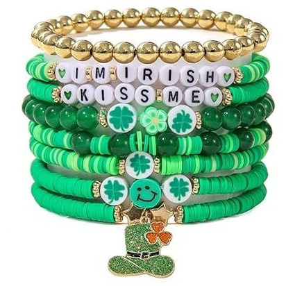 GRACIOUS MART 7pcs Beads Bracelet Colorful Beaded Stretch Handmade Friendship Bracelet Anklets Jewelry Preppy Happy Smile Evil Eye Stretch Clay Stackable for Women (Green)