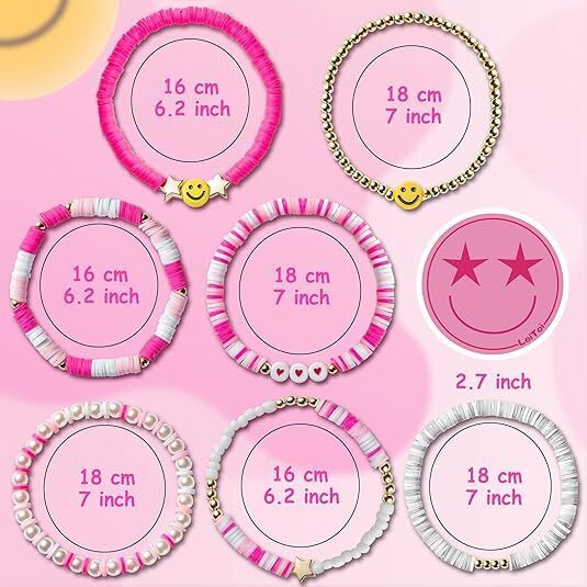 GRACIOUS MART 7pcs Beads Bracelet Colorful Beaded Stretch Handmade Friendship Bracelet Anklets Jewelry Preppy Happy Smile Evil Eye Stretch Clay Stackable for Women (Pink)