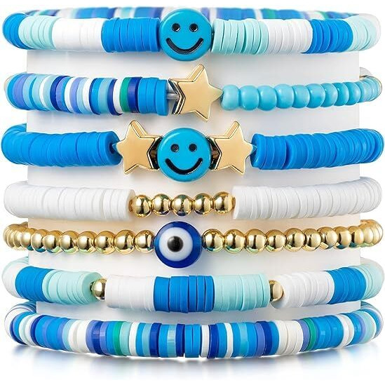 GRACIOUS MART 7pcs Beads Bracelet Colorful Beaded Stretch Handmade Friendship Bracelet Anklets Jewelry Preppy Happy Smile Evil Eye Stretch Clay Stackable for Women (Blue)