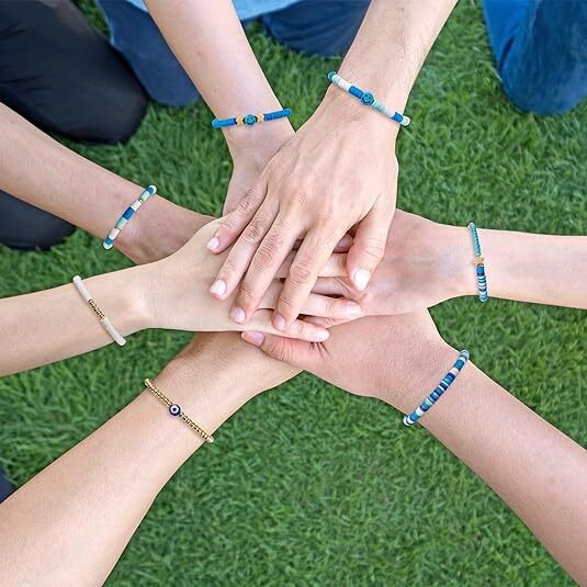 GRACIOUS MART 7pcs Beads Bracelet Colorful Beaded Stretch Handmade Friendship Bracelet Anklets Jewelry Preppy Happy Smile Evil Eye Stretch Clay Stackable for Women (Blue)