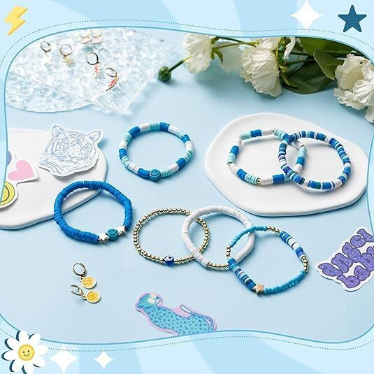 GRACIOUS MART 7pcs Beads Bracelet Colorful Beaded Stretch Handmade Friendship Bracelet Anklets Jewelry Preppy Happy Smile Evil Eye Stretch Clay Stackable for Women (Blue)