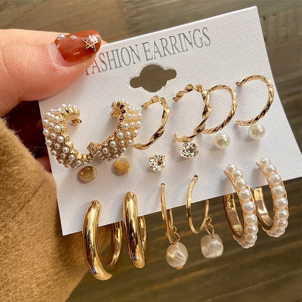 Shining Diva Fashion Latest Stylish Combo Design 9 Pairs Metal Earrings for Women and Girls (12906er), Golden, 1