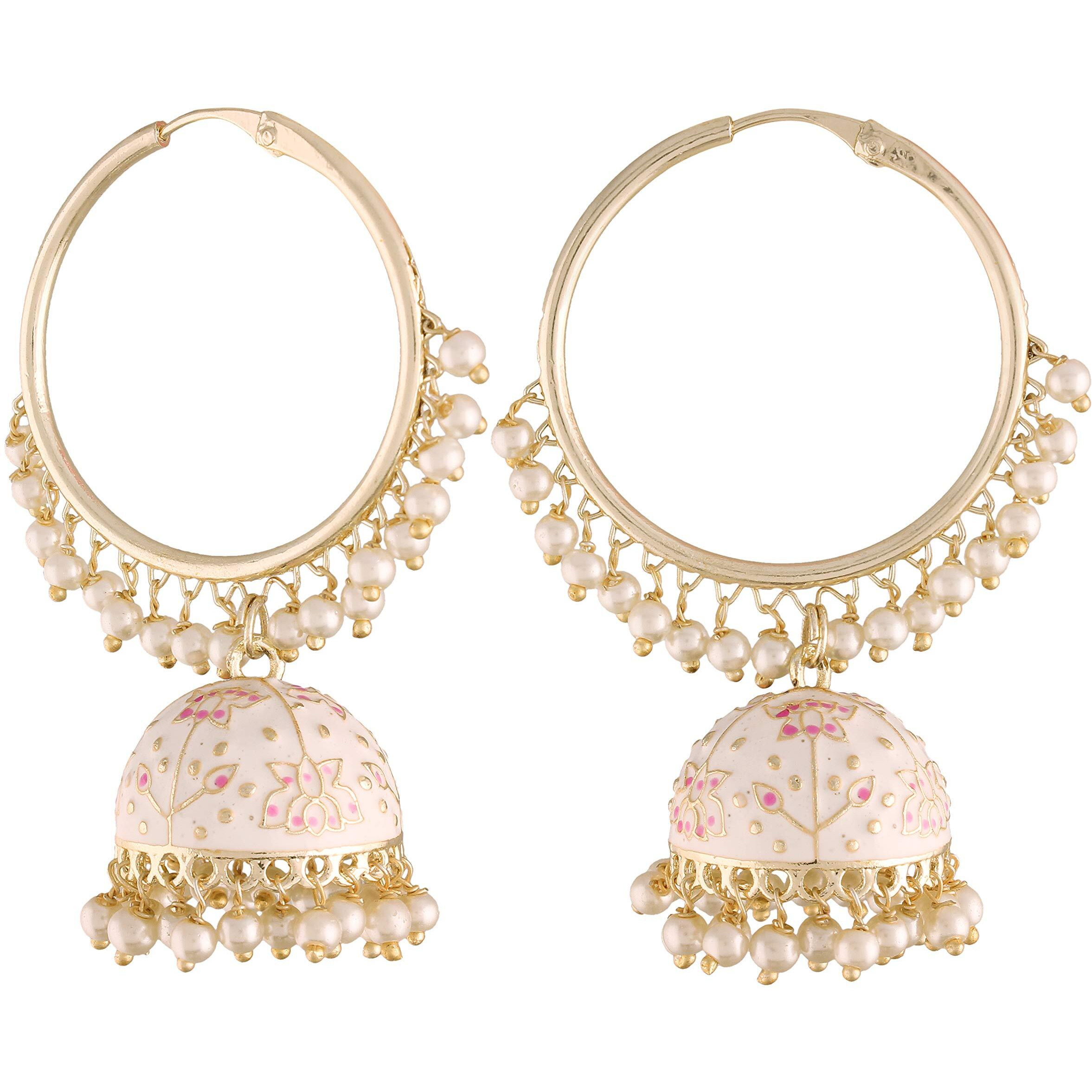 I Jewels 18K Gold Plated Traditional Handcrafted Enamelled Jhumki Hoop Earrings for Women/Girls (E2915W)