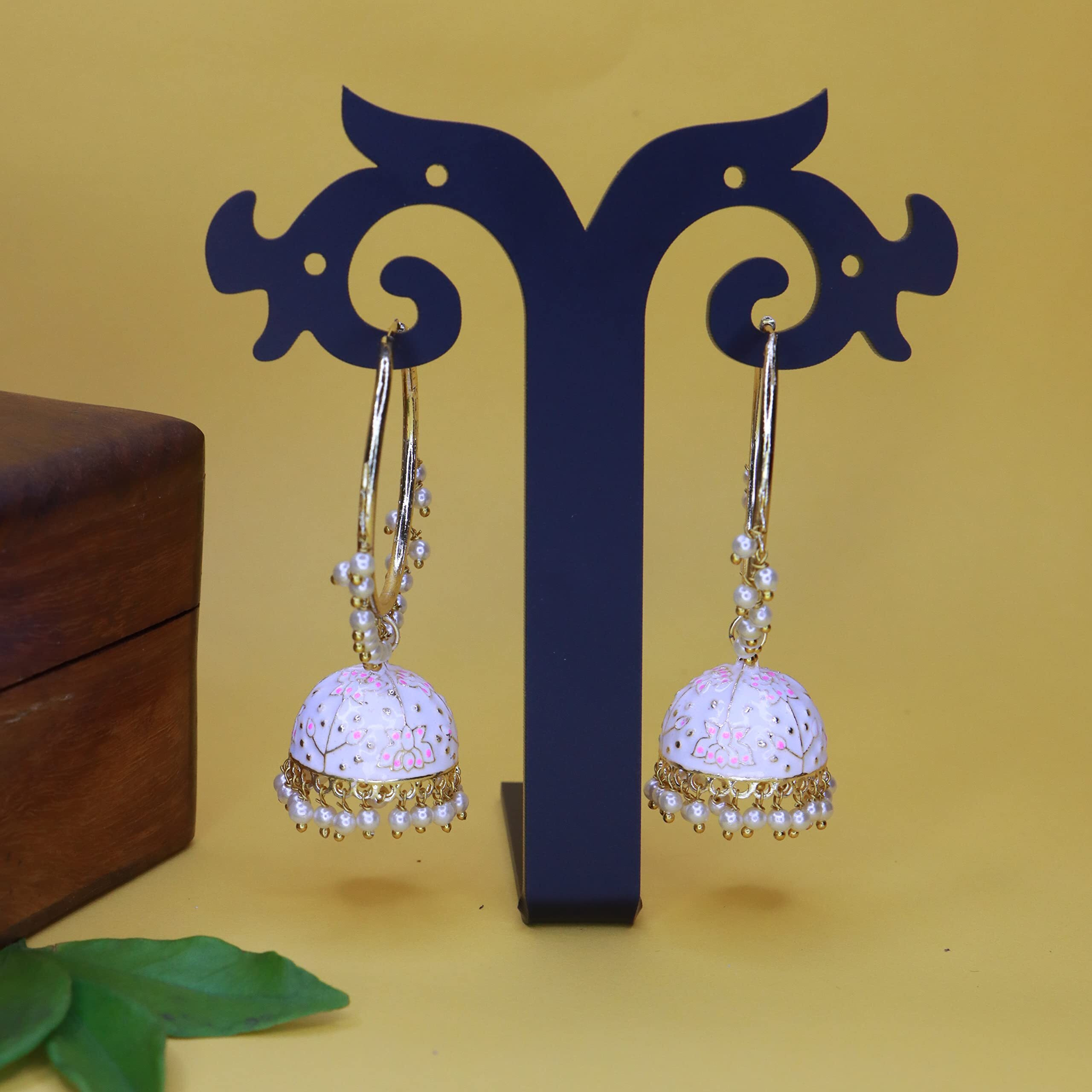I Jewels 18K Gold Plated Traditional Handcrafted Enamelled Jhumki Hoop Earrings for Women/Girls (E2915W)