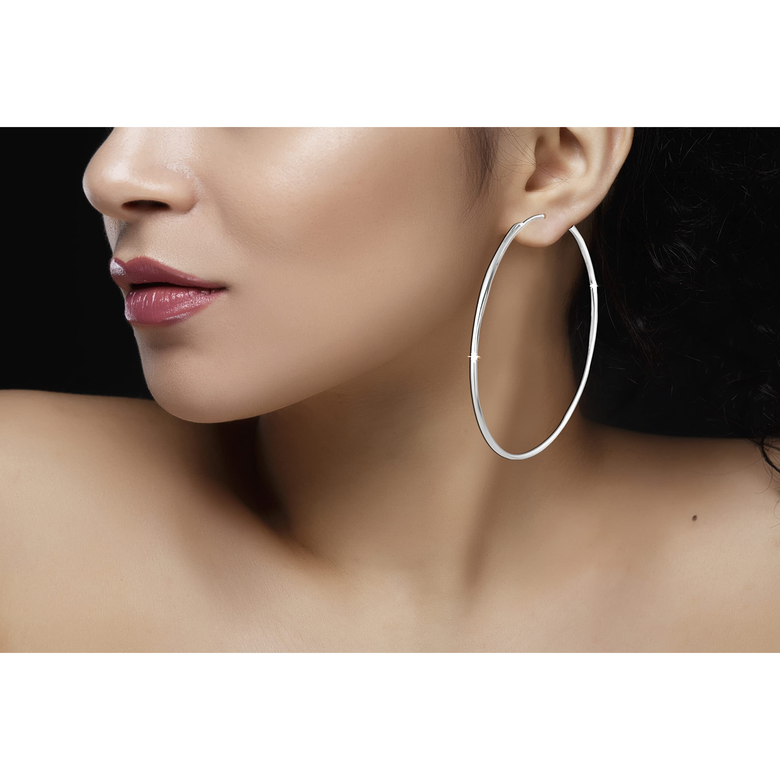SIVYAA Pure 925 Sterling Silver Plain Round Hoop Bali Earrings for Women Men Boys & Girls, Outer Diameter 70mm Extra Large
