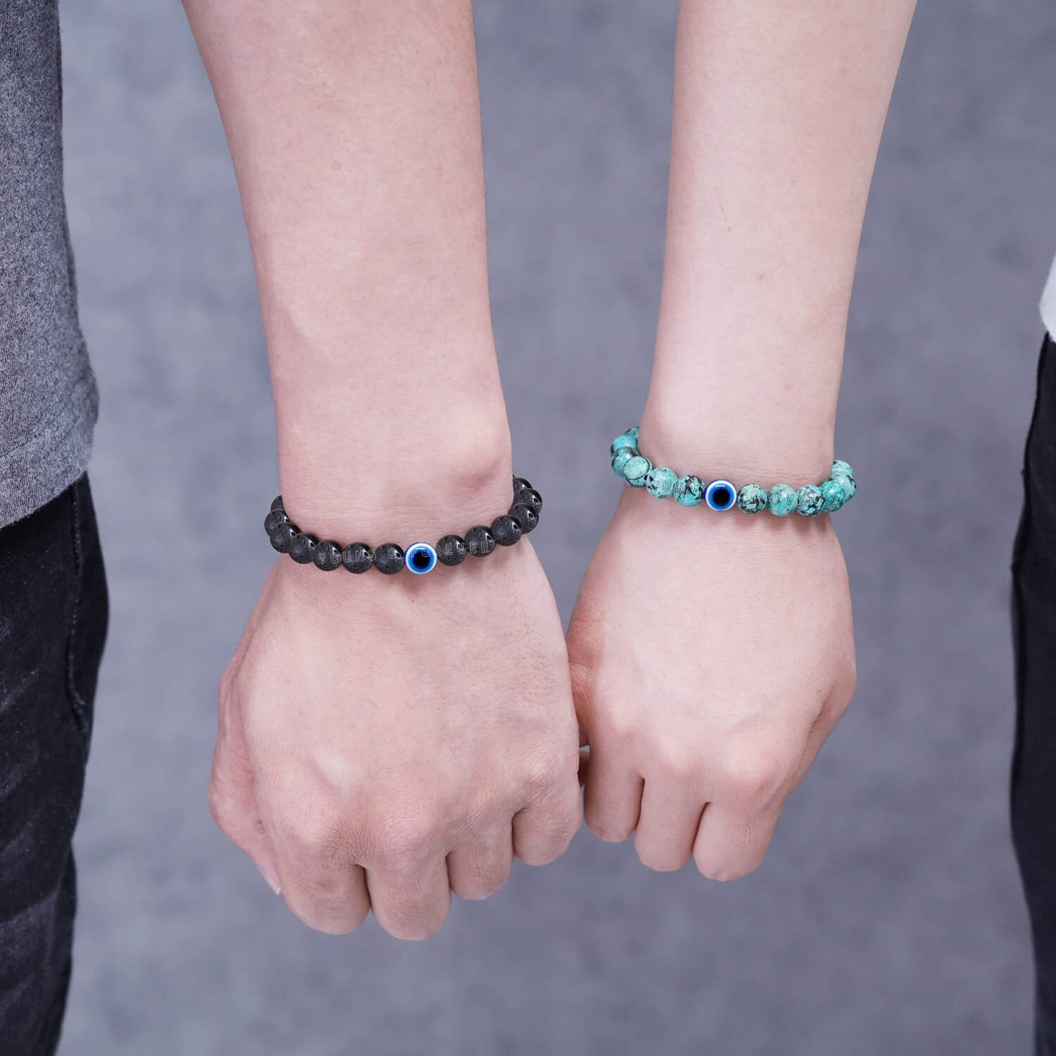 Young & Forever Gift Valentine Gift Evil Eye Bracelet For Men Beaded Bracelets Diffuser Lava & African Turquoise Beads Bracelet For Women Long Distance Relationships Gift Couples Bracelets Set Of 2