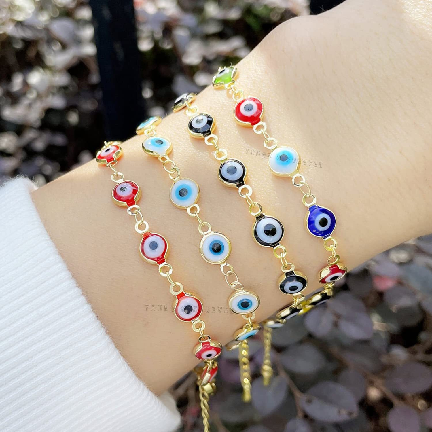 Young & Forever Gift Eye-Catchy 18k Gold Plated Multicolor Rainbow Evil Eye Gold Plated Kabbalah Bracelet for Women and Girls