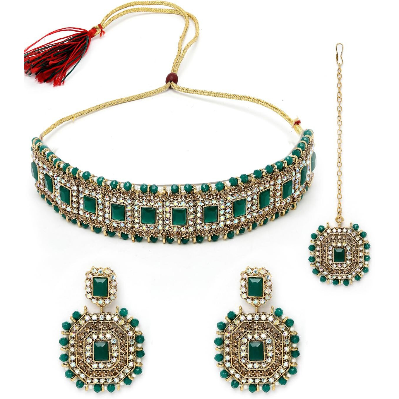 Sukkhi Decent Traditional Green Kundan & Beads Choker Necklace Set With Earring And Maangtika | Jewellery Set For Women (NS105591)