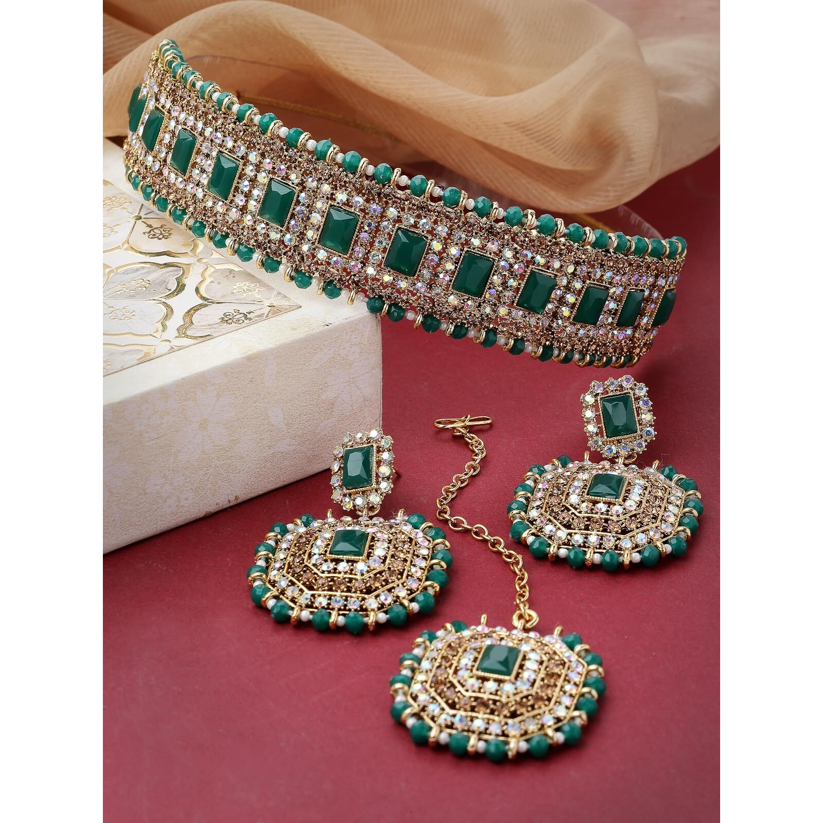 Sukkhi Decent Traditional Green Kundan & Beads Choker Necklace Set With Earring And Maangtika | Jewellery Set For Women (NS105591)